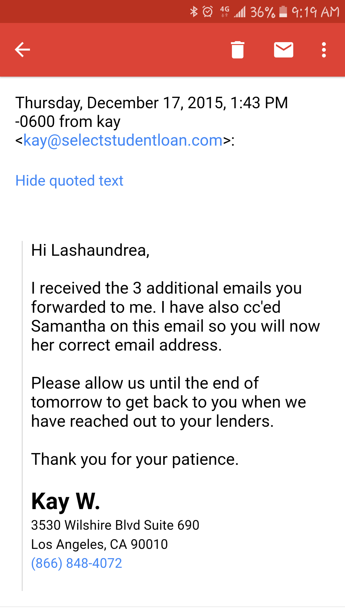 a email from Kay months after trying to contact them 