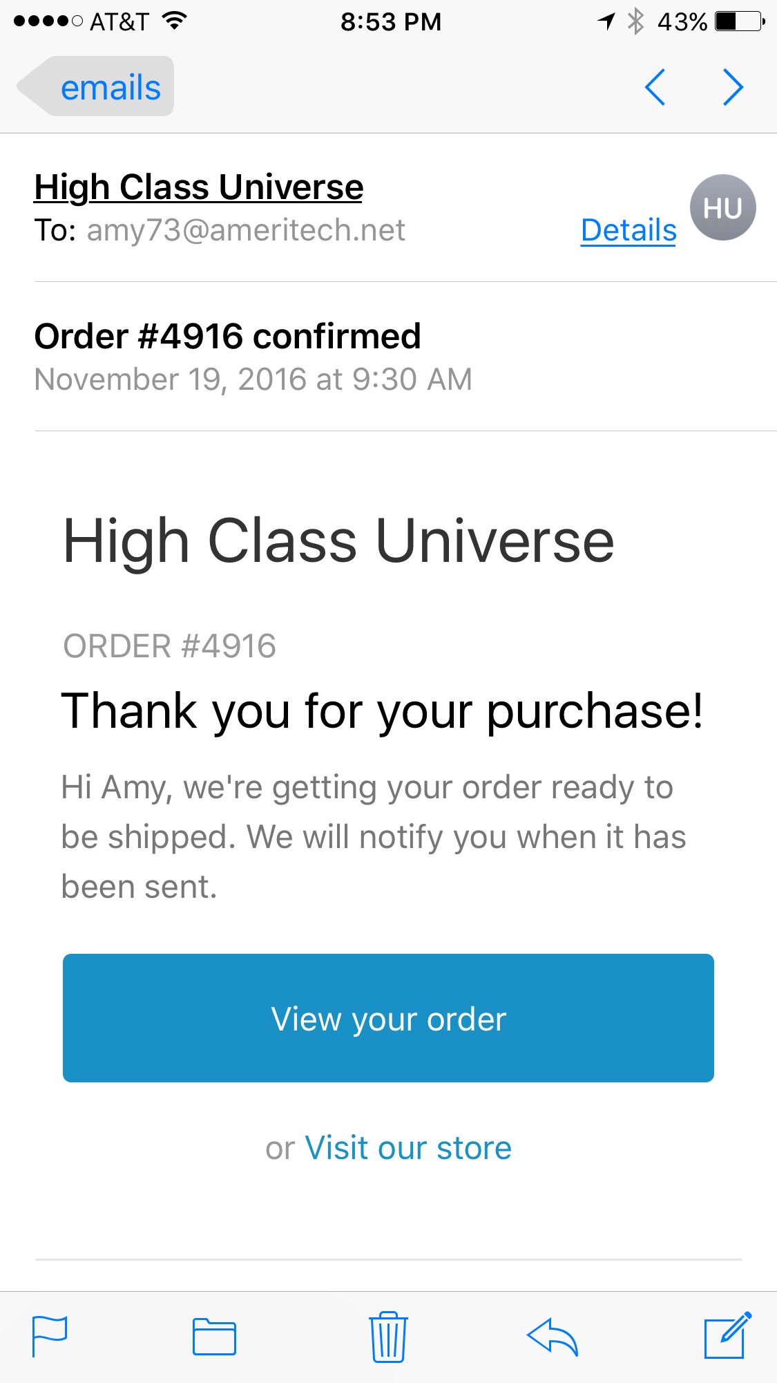 Email confirmation of purchase with order number