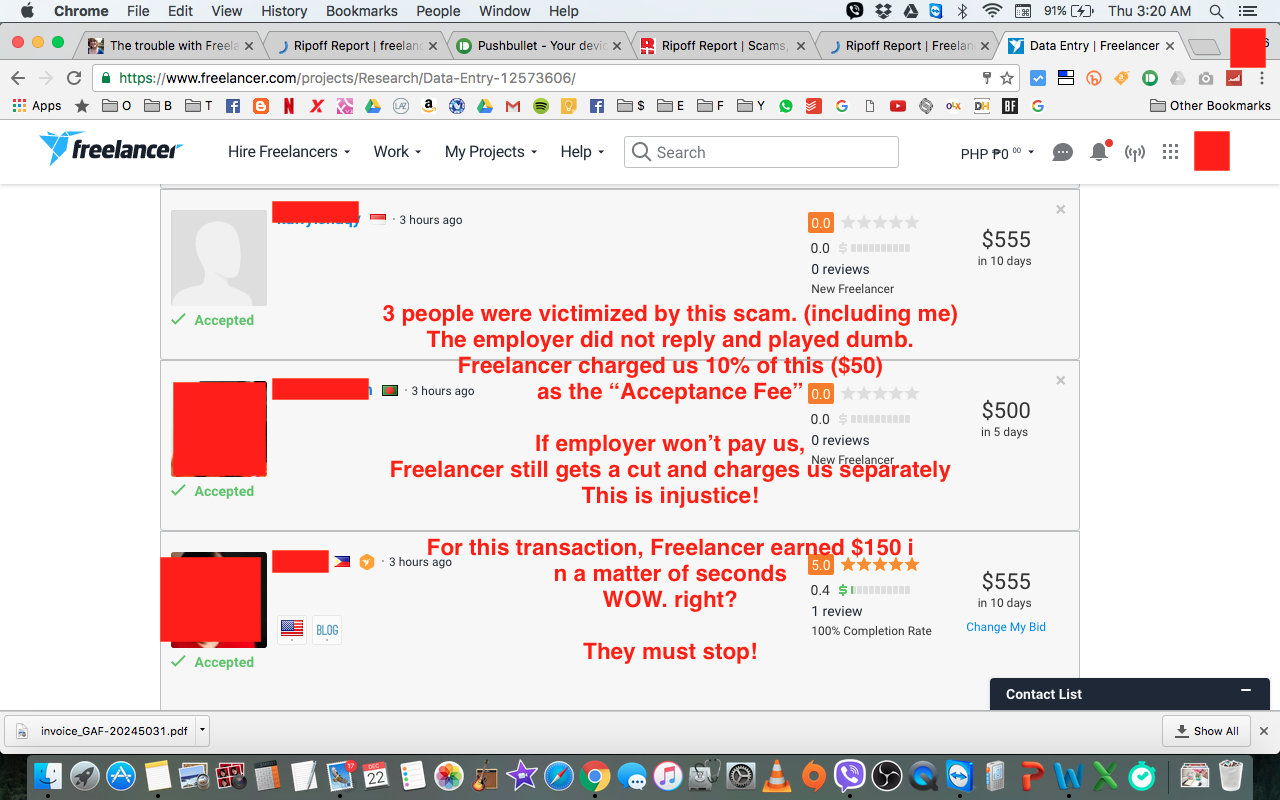 3 victims of Freelancer.com milking us a total of $150 in seconds.  I won't have anything against freelancer if they do their due diligence to inform us before we hit "Accept" that we will be charged.