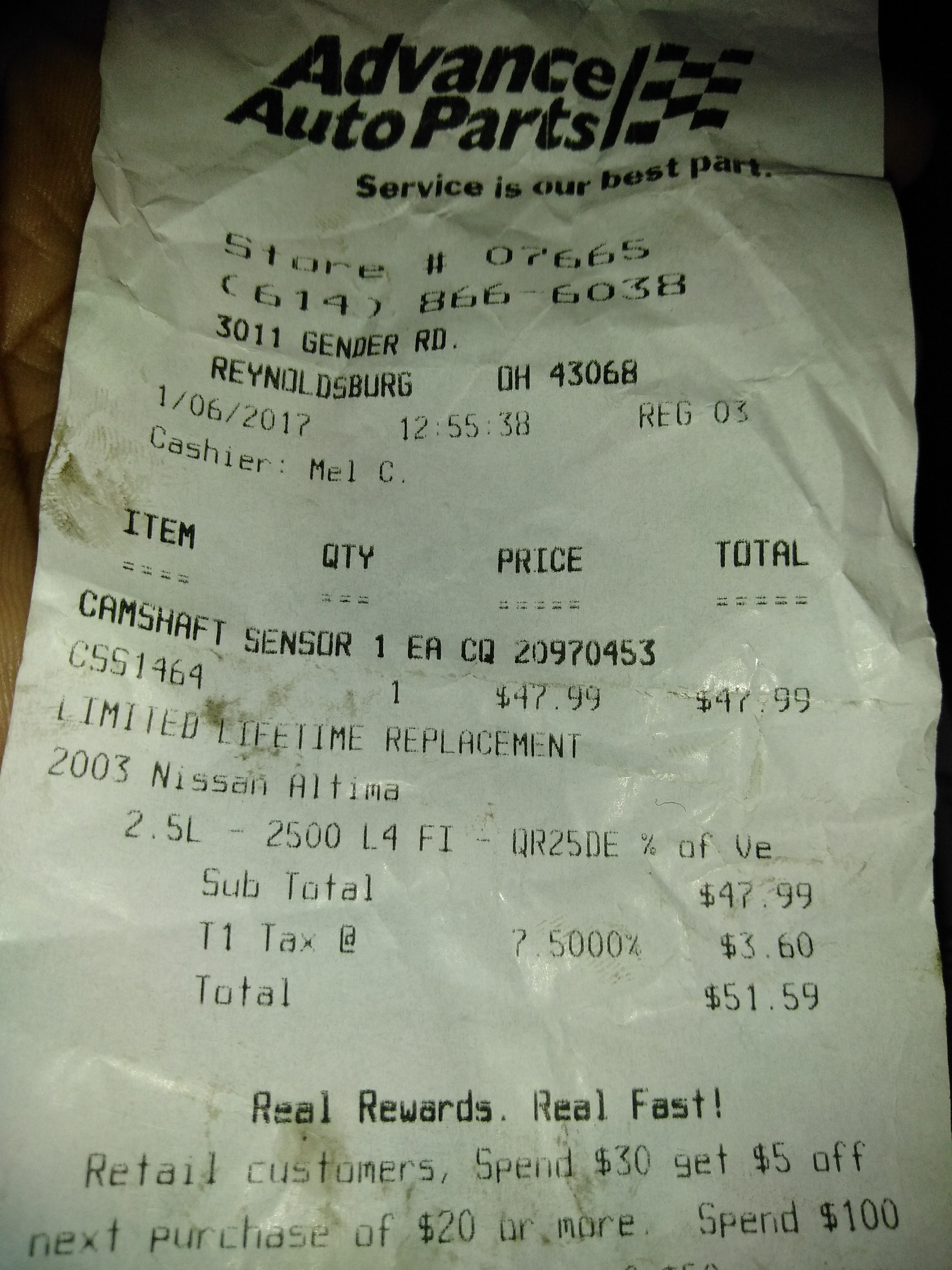 The receipt for the crankshaft position sensor I bought. I also have the card for the store and contact information.