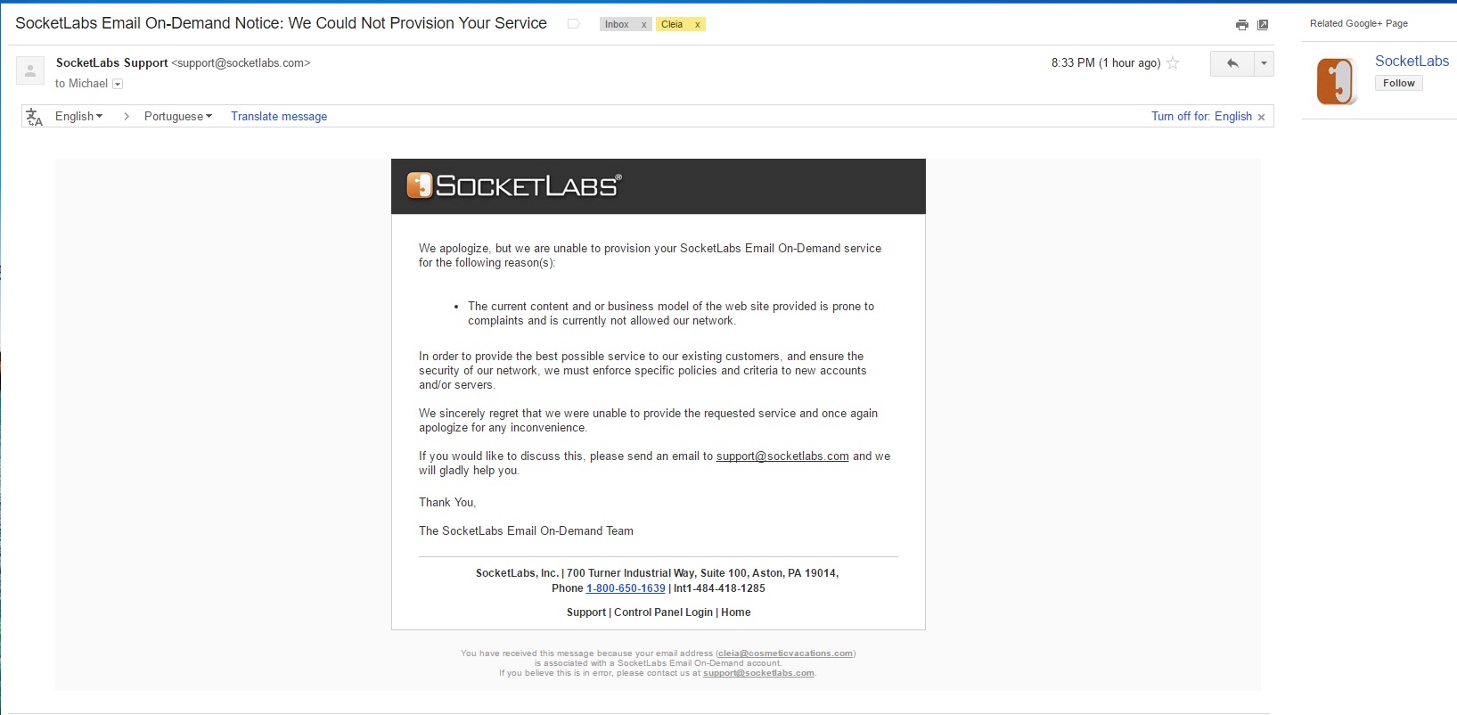 Email received from Socketlab