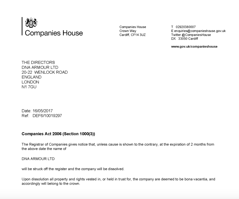 DNA Armour Compulsory Strike off Letter by Companies House under the companies Act. 