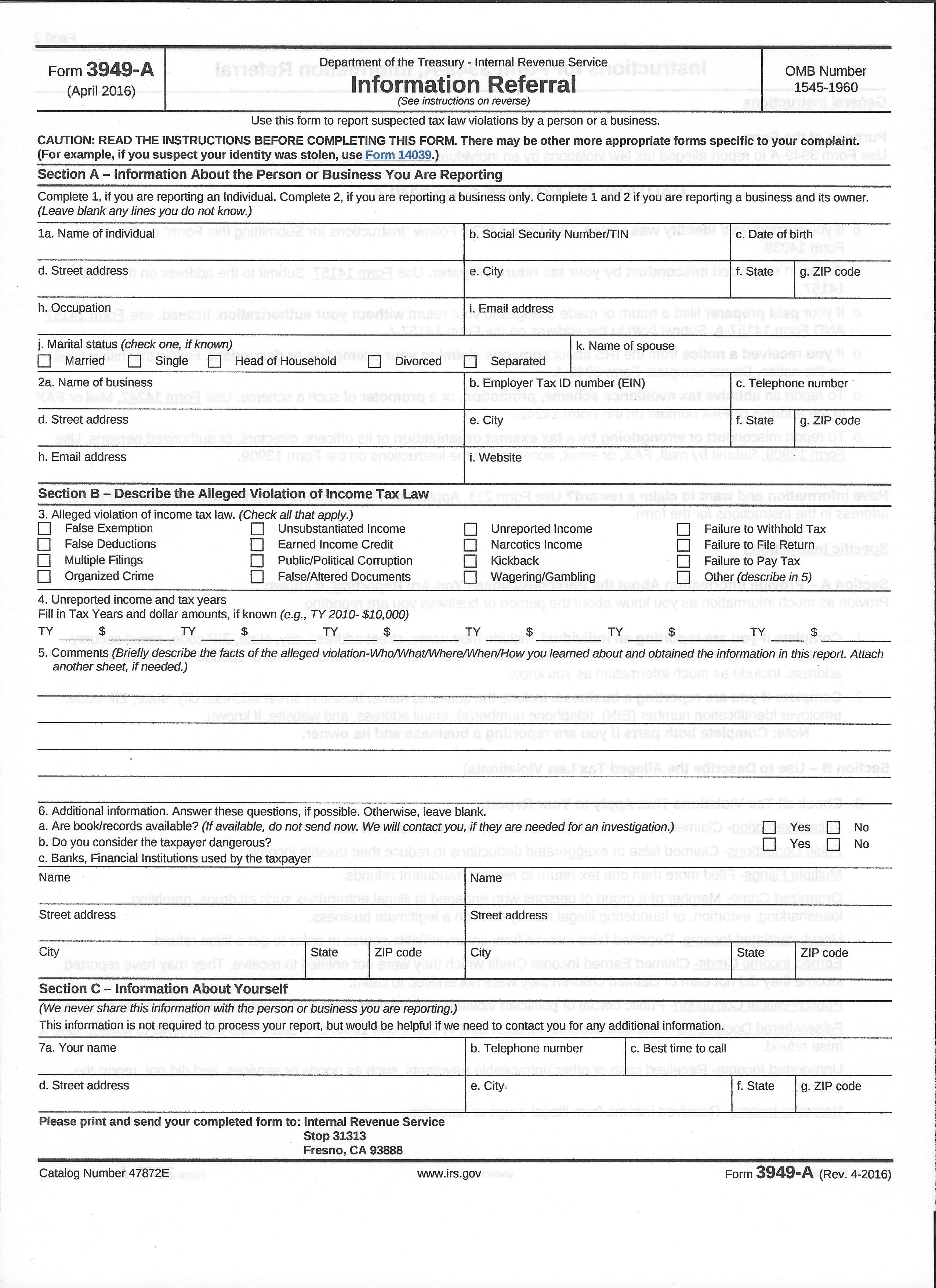 IRS Form 3949-A without instructions. https://www.irs.gov/pub/irs-pdf/f3949a.pdf