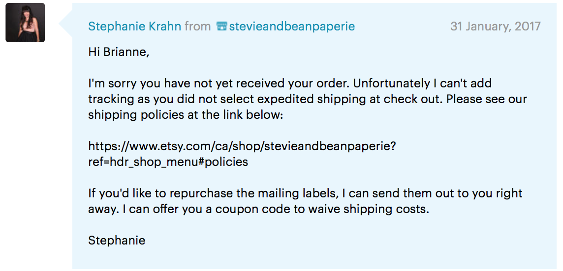 Message #1 from Stephanie Krahn of Stevie bean Paperie.