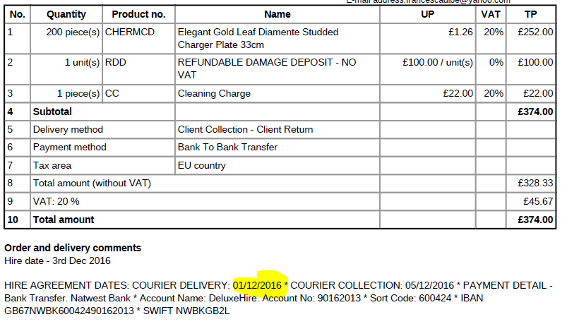 Deluxe Hire Invoice 1