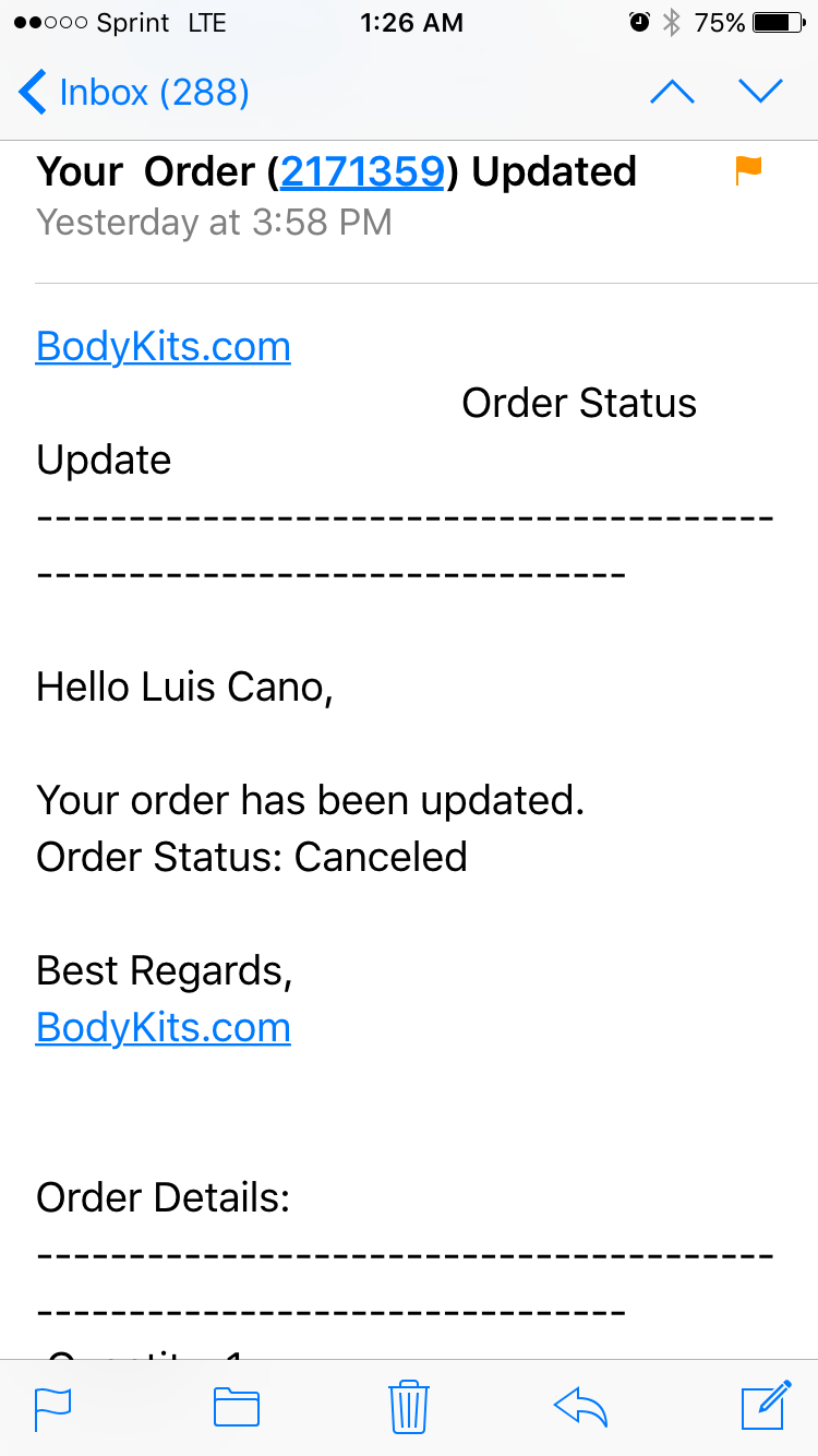 Update at 3:48PM on 2/10/17 order was cancelled due to item not carried by body kits.com