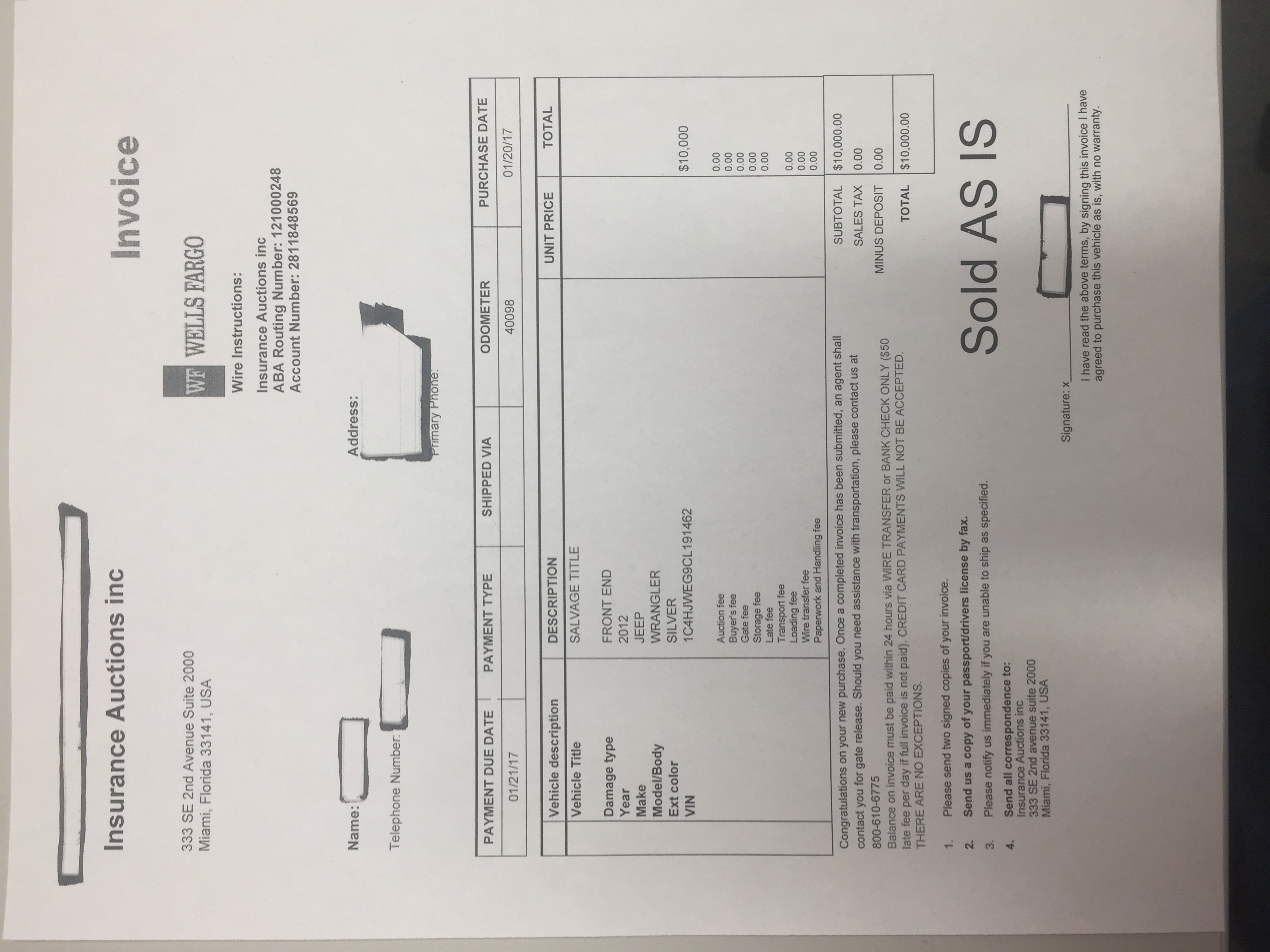 1st Invoice for vehicle never received