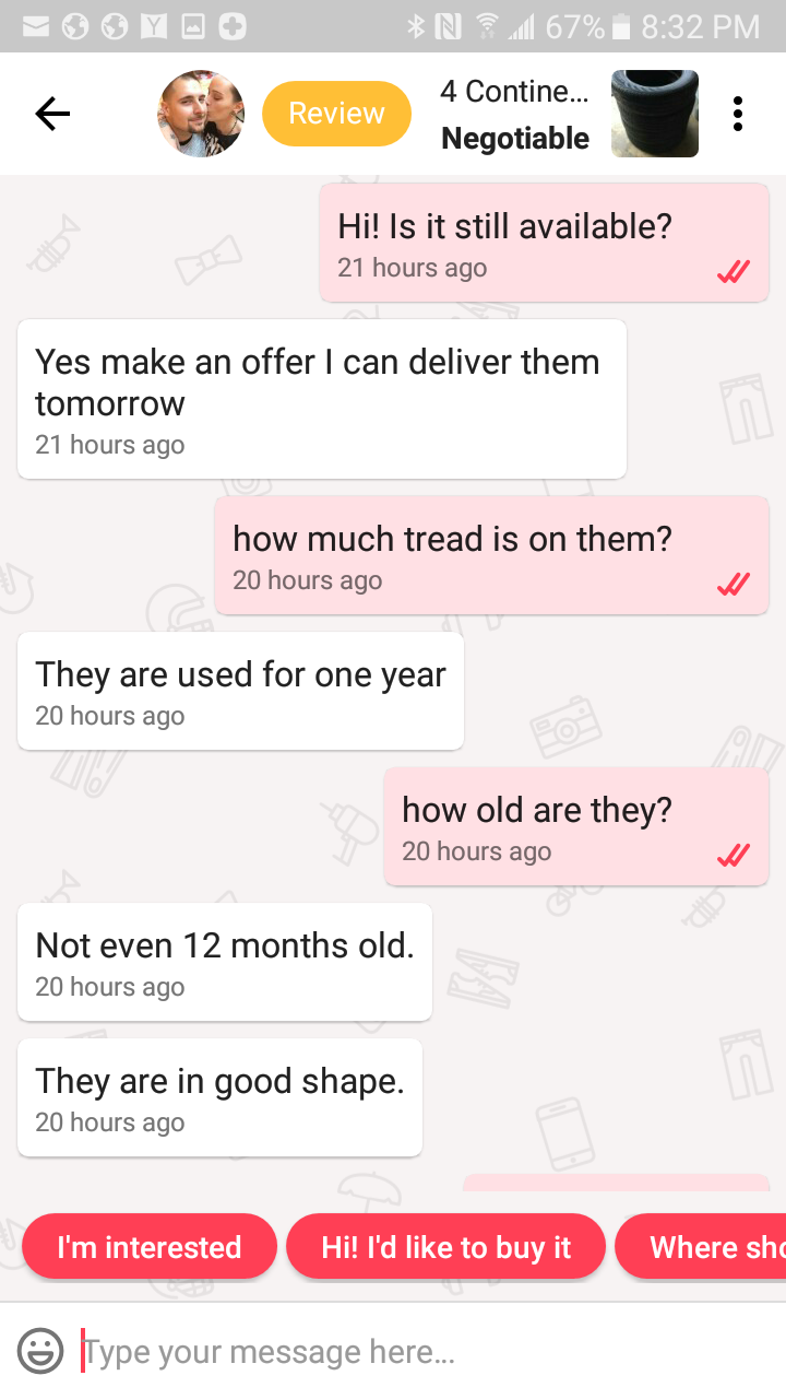 Text conversation saying the tires were 1 year old.