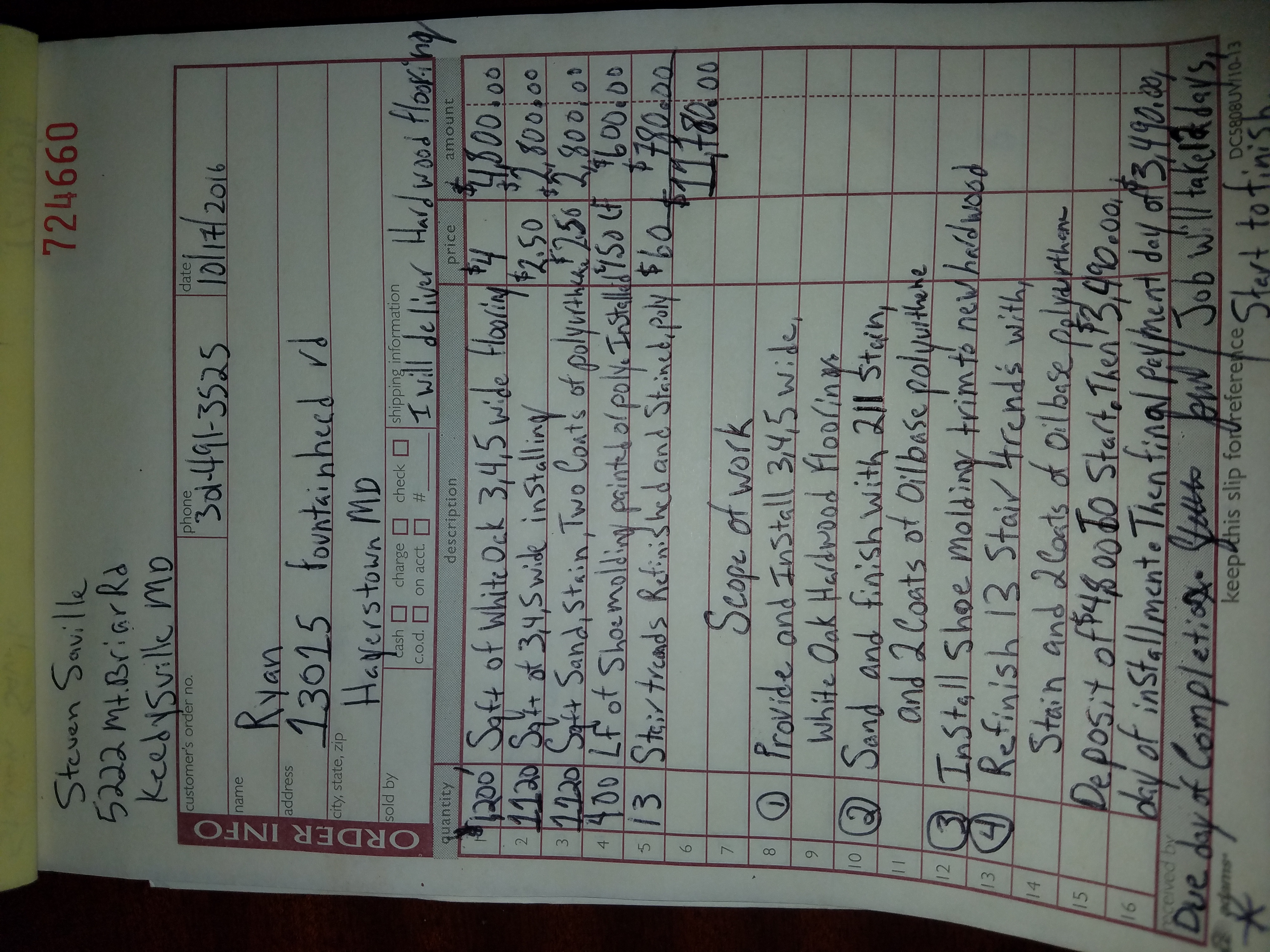 Here is the bill, which was paid in full, but the company never delivered the final batch of product and did not finish the job.