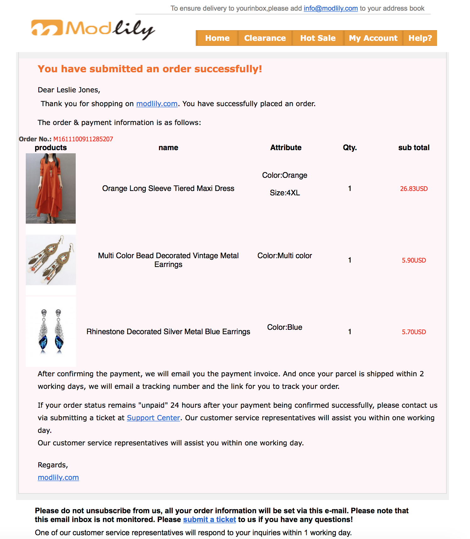 Email confirming Modlily purchase