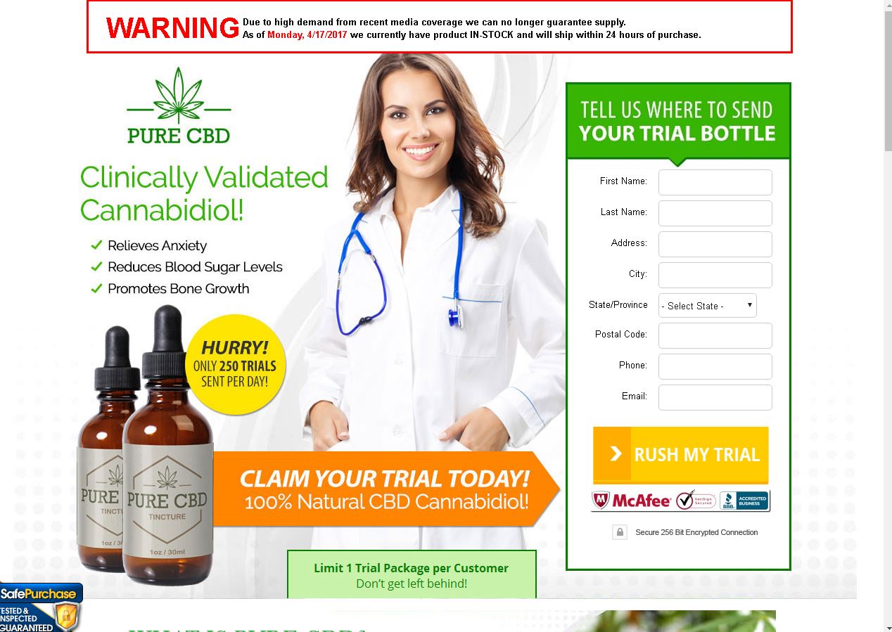 This is what the webpage I got the free trial looked like. It might be the same page, but I've found MANY variations on the theme, all "giving" a free trial BOTTLE of PureCBD.