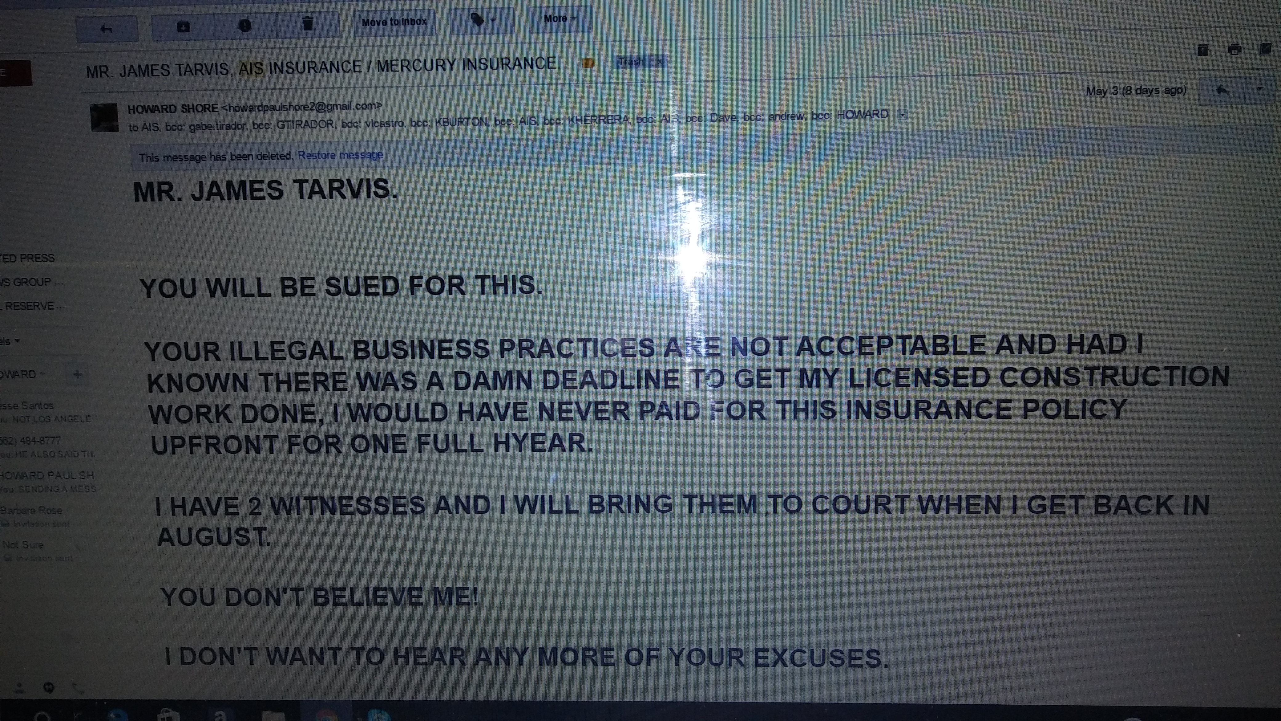 COMPLAINT LETTER TO SUE JAMES TARVIS