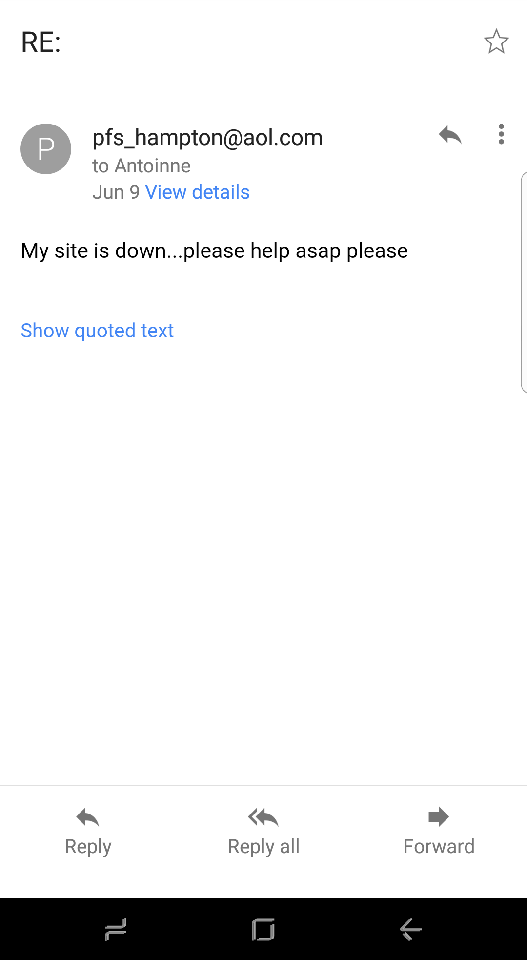 Heres my email telling him my site was DOWN after he was already paid...it was down for weeks. NO RESPONSE. Then I disputed with paypal and HERE WE ARE

See his email address!!!