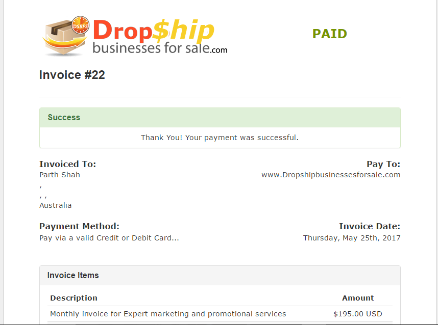 Invoice of 195 USD for paid promotions