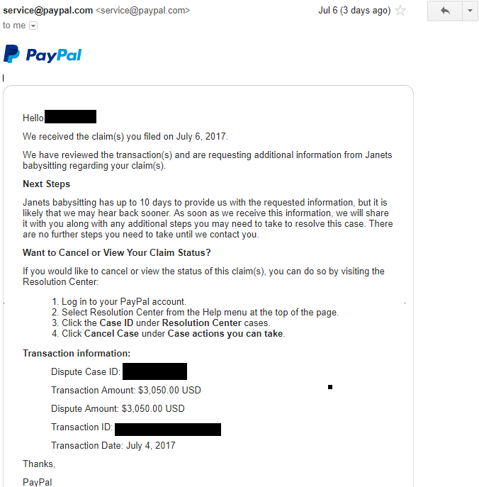 After investigating the mystery transaction, a dispute was filed to report the incident to PayPal.