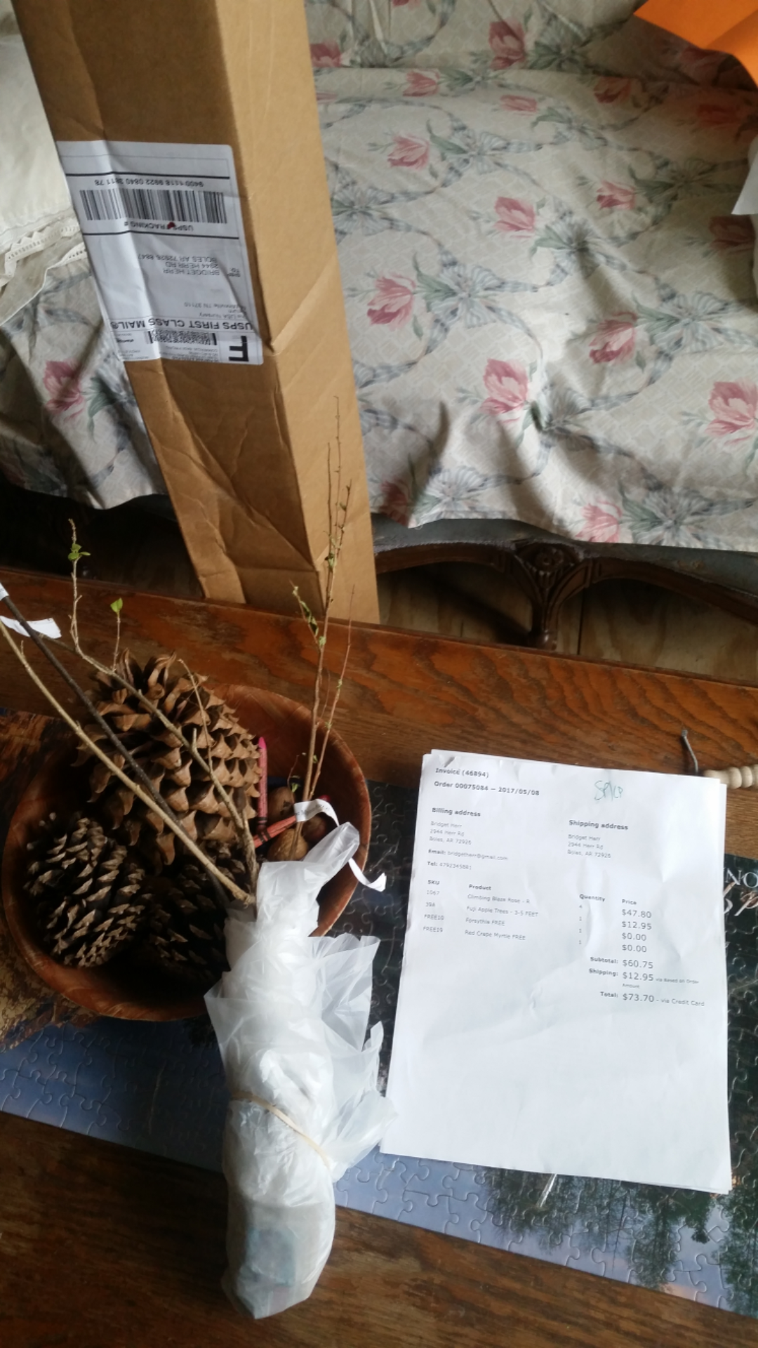 Order with box and packing list...Obviously no roses....dead looking plants ...Fugi apple and two free plants only, wrapped together