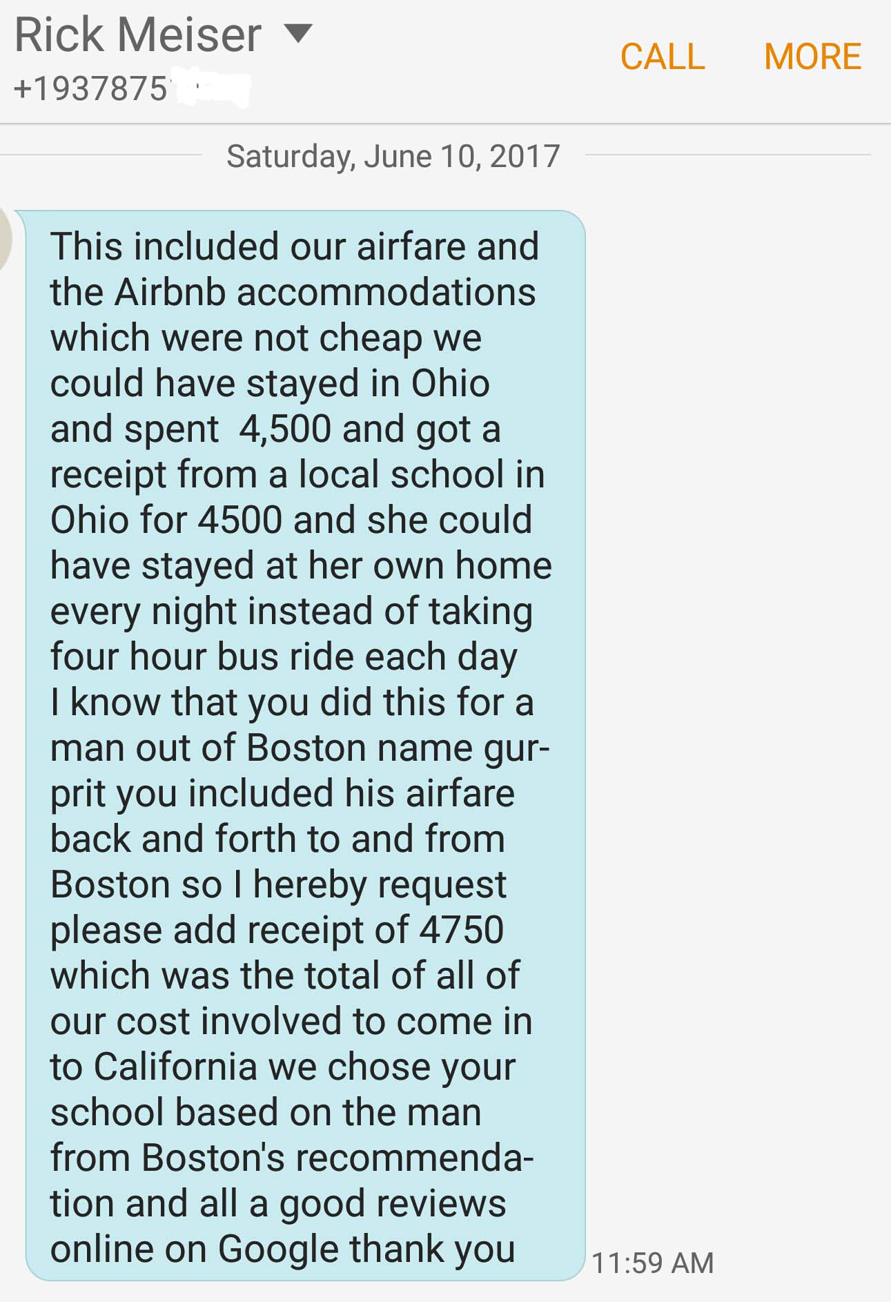 Text  message from scammer. 