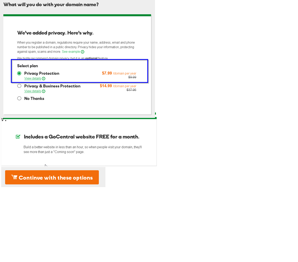 HOW GODADDY SLAMS UNWANTED ITEM INTO YOUR CART.  THEY ARE ALREADY SELECTED BY DEFAULT TO TRICK YOU