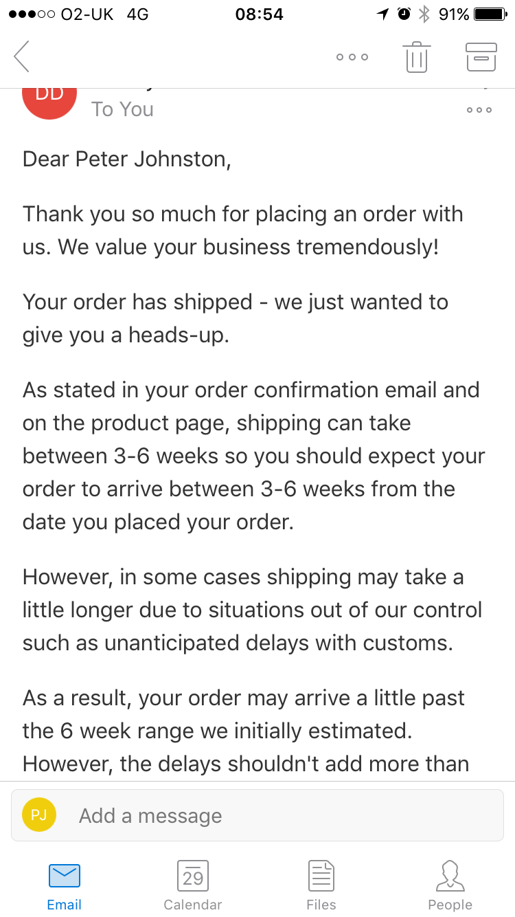 First part of delivery confirmation email
