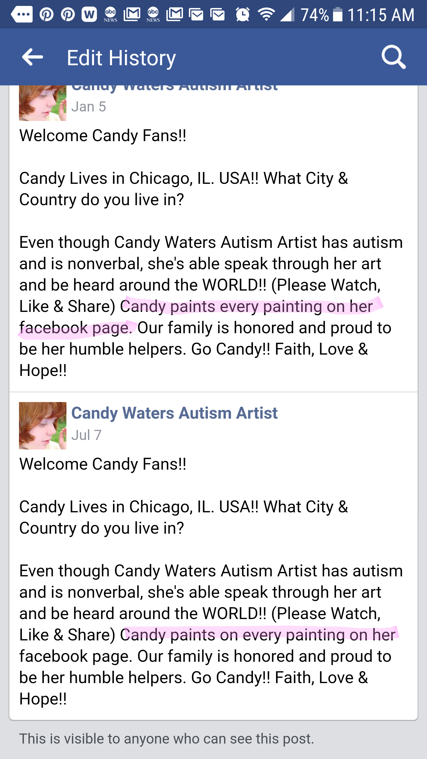 The deception: Candy paints ON every painting on her Facebook page.