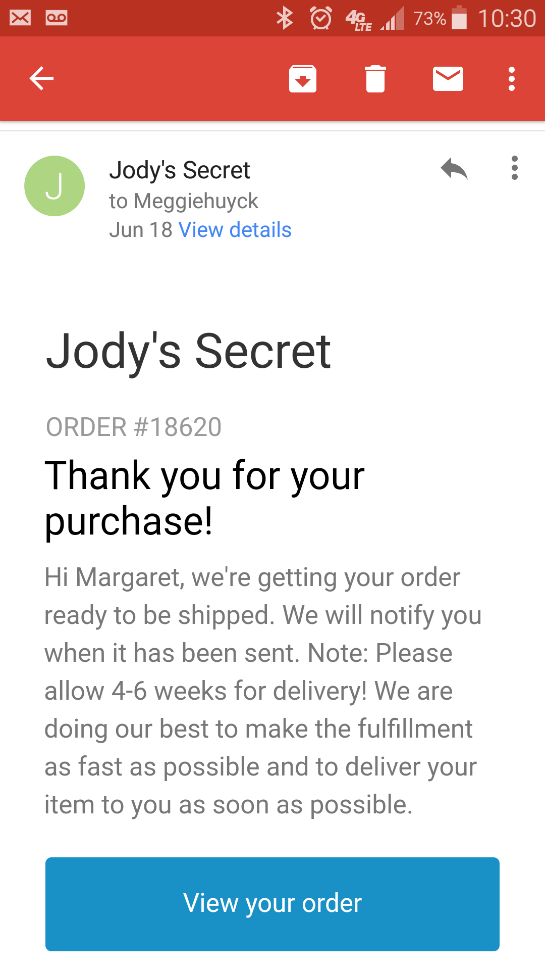 This is my confirmation email. If you click view my order it says this shopify site is no longer open. I paid around $26 for a now non-existent sports bra.