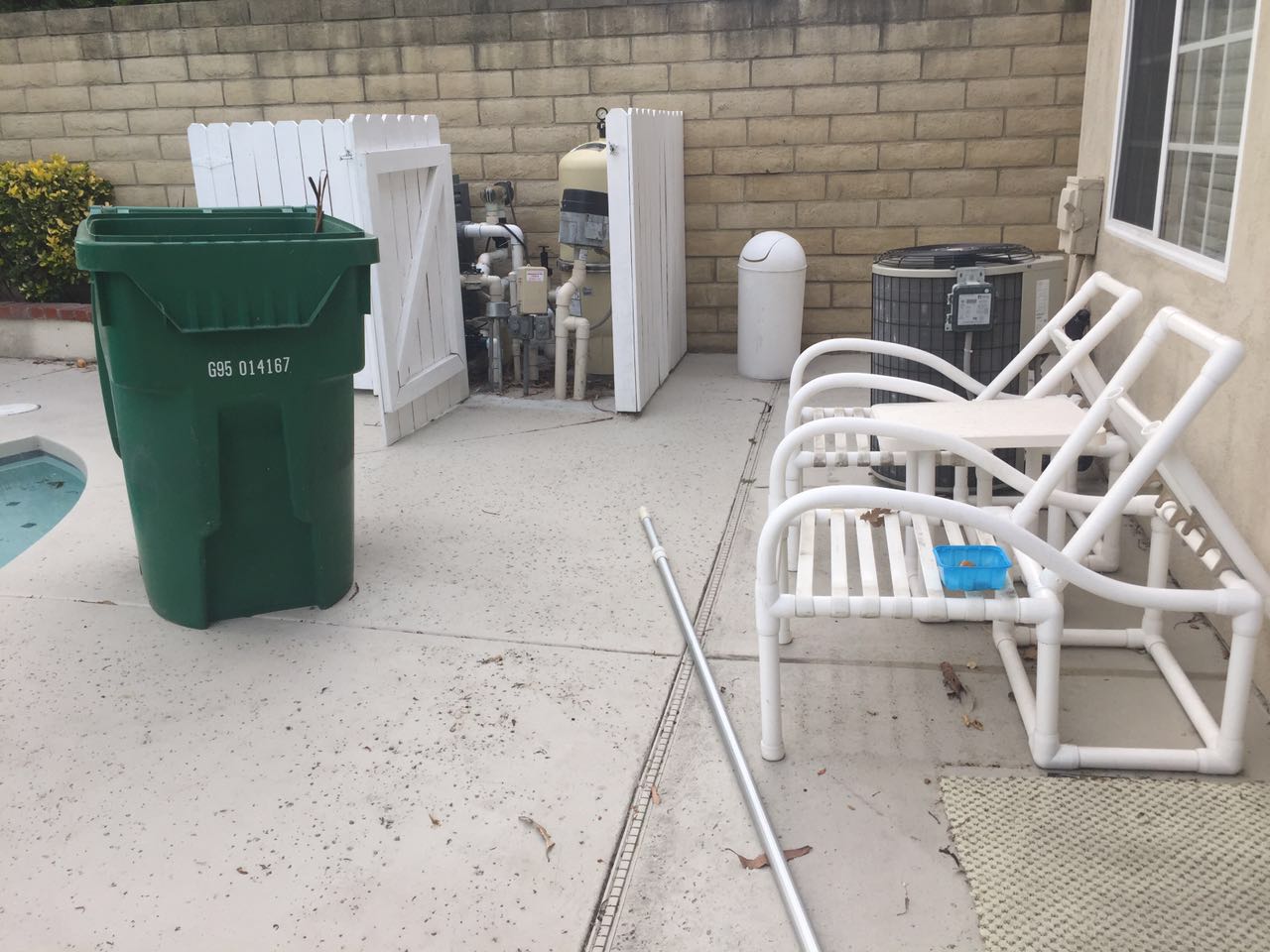 One of the trash cans we filled up with leaves!!  We also added water to the pool because the didn't