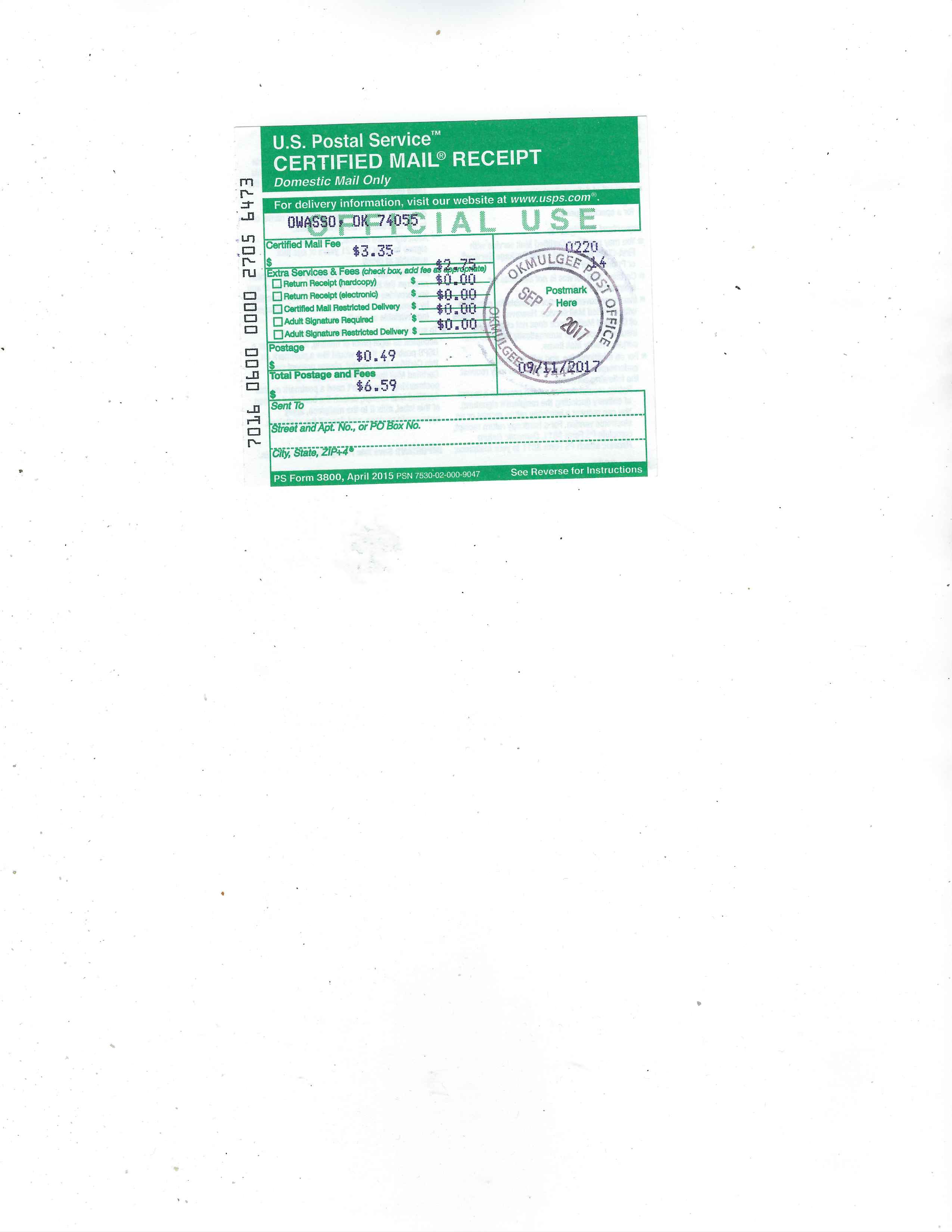 Tracking Number for 10 Day Demand Letter to Mathew Jaye Properties LLC