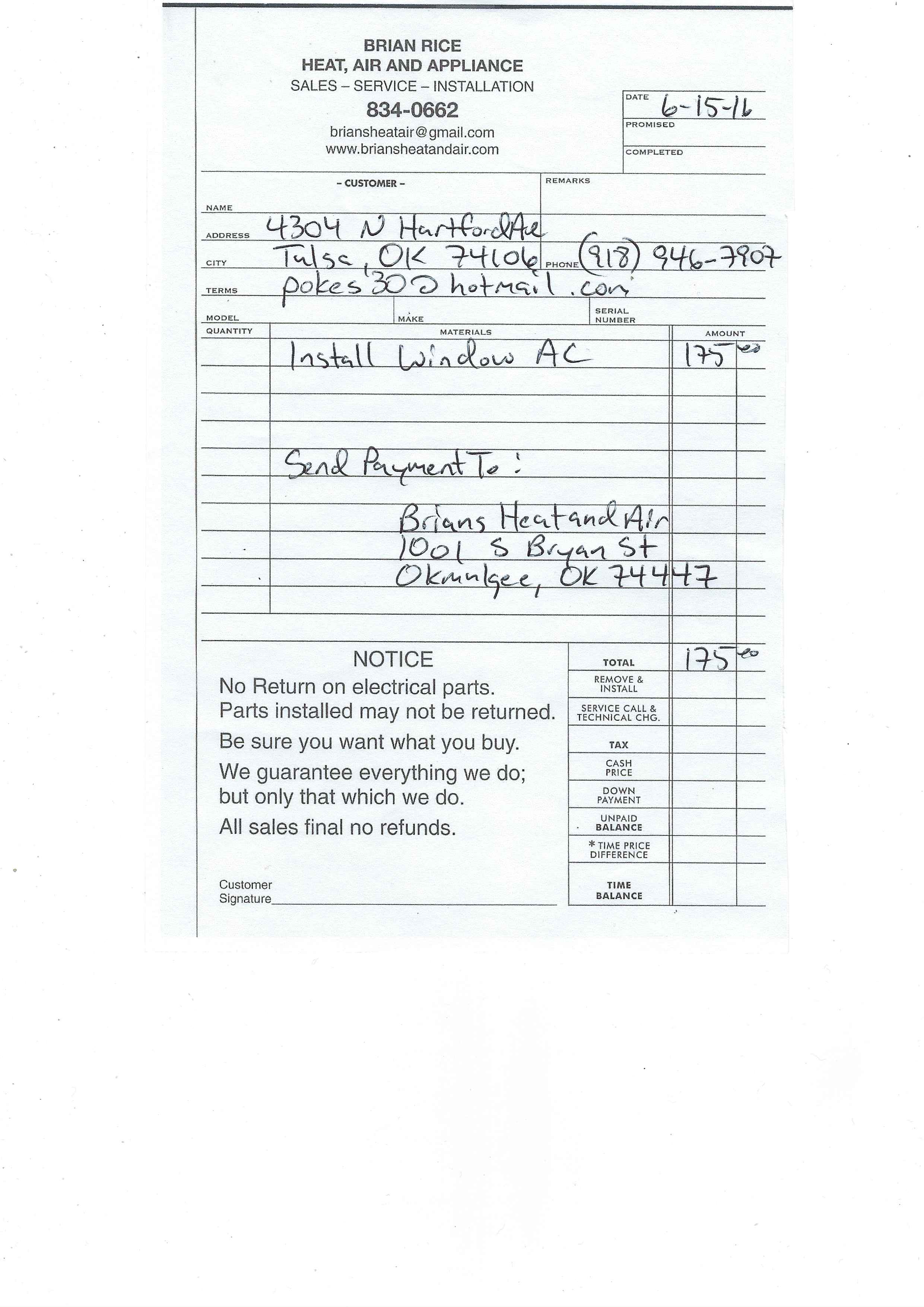 Initial Invoice. Service Was Accepted over the phone under the circumstances from (918) 946-7907.  This invoice was emailed to property owner for payment at pokes30@hotmail.com