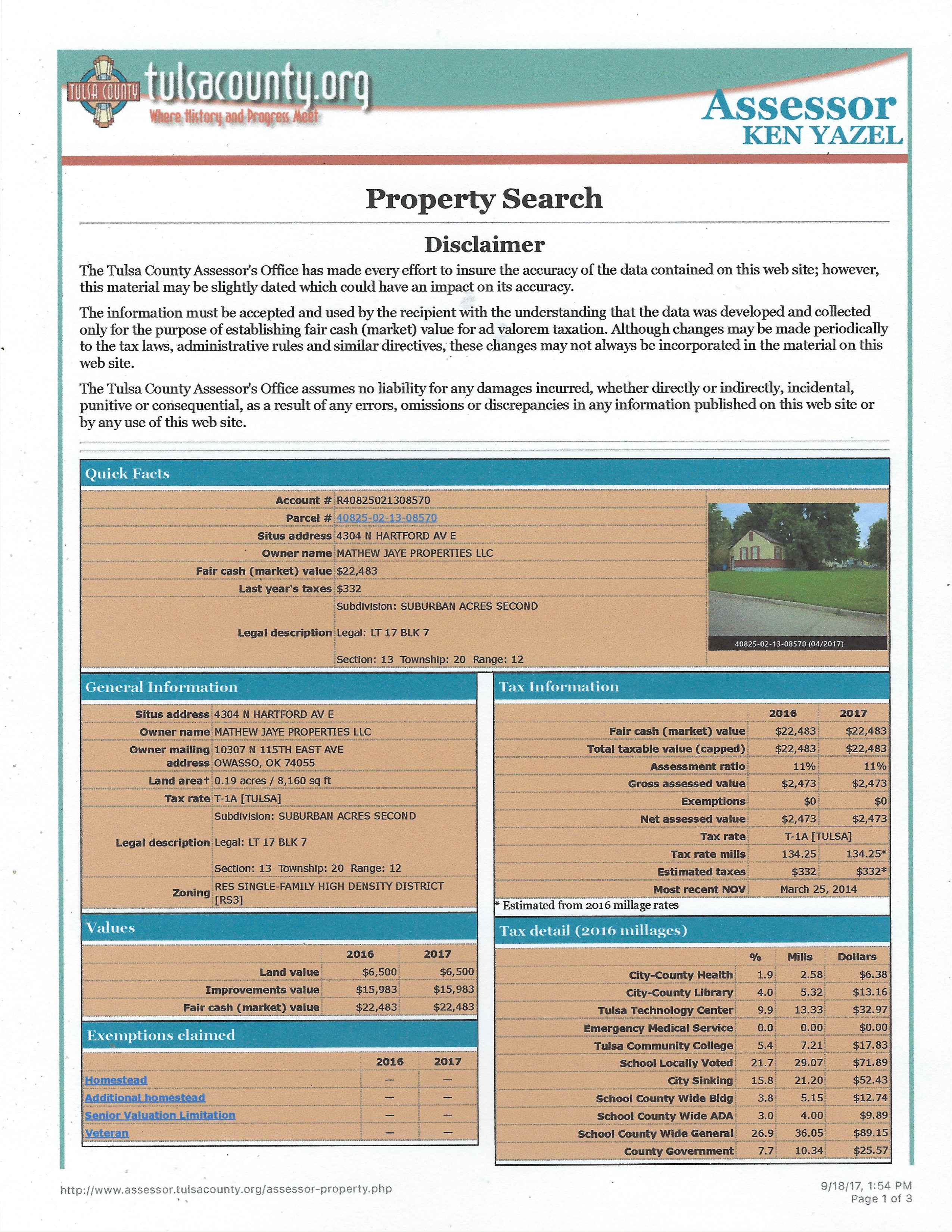 Tulsa County Asessor's Data for 4304 N Hartford Ave Tulsa, OK 74106 reflecting ownership of property belongs to Mathew Jaye Properties LLC at 10307 N 115th E Ave Owasso, OK 74055