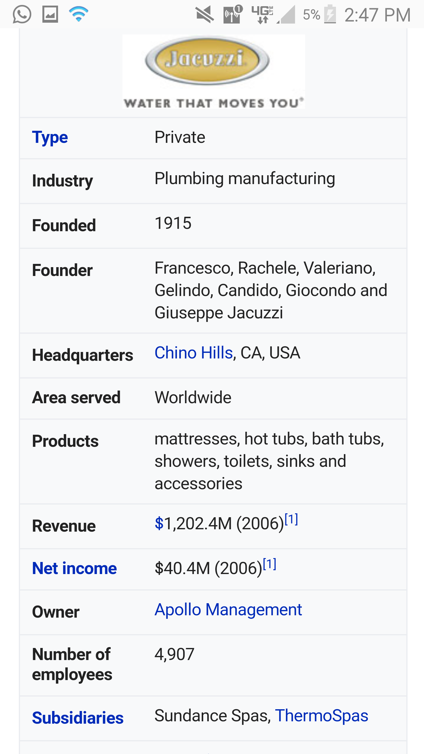 Jacuzzi Owned By Apollo Management Per Wikipedia