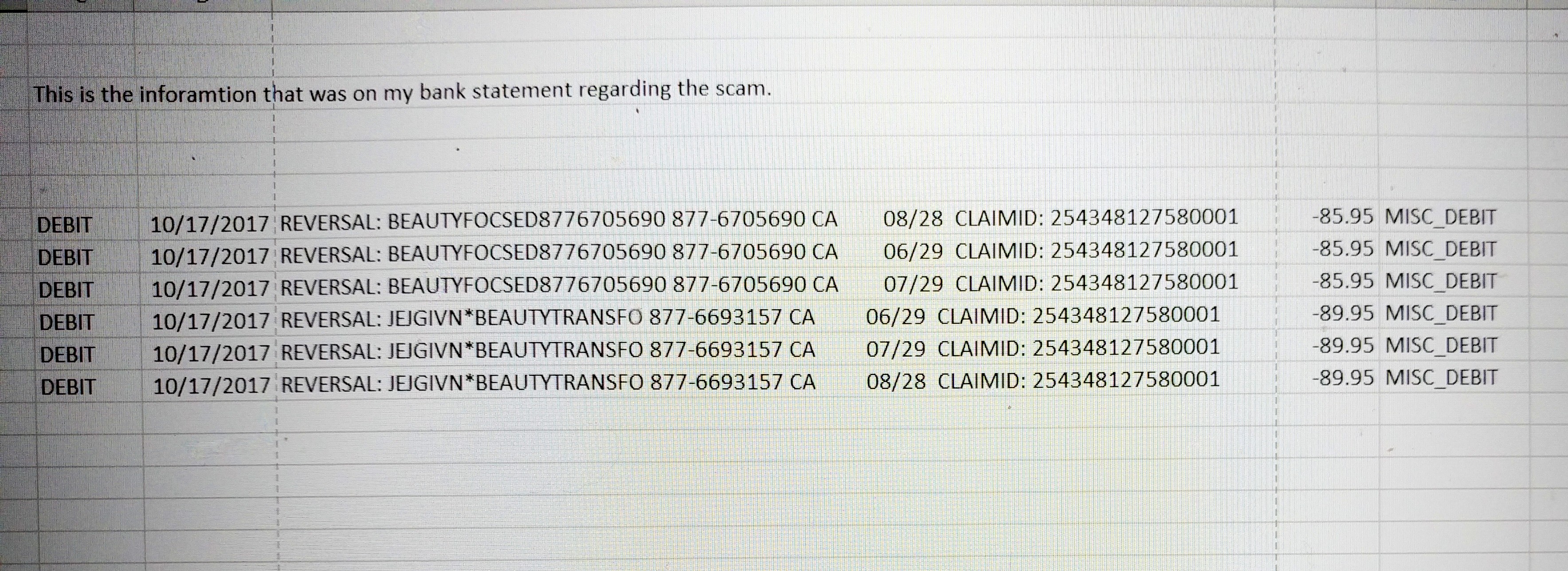 This is what appeared on my bank statement. It shows names and phone numbers of companies