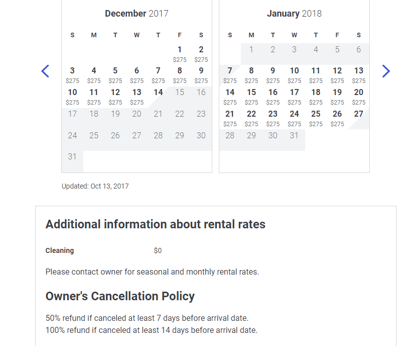 VRBO website with cancellation policy from original listing