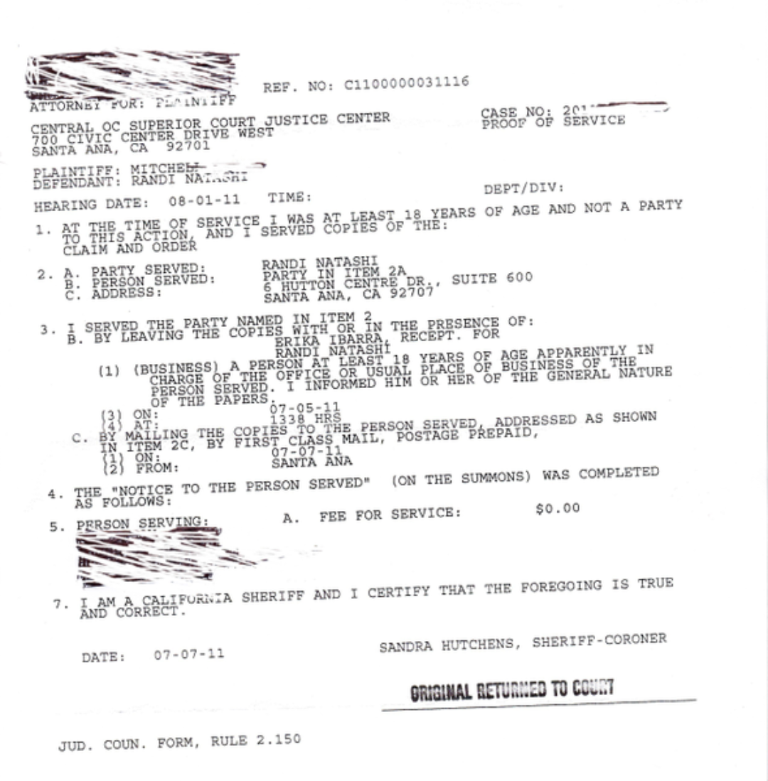 Randi Natashi's court papers in 2011.