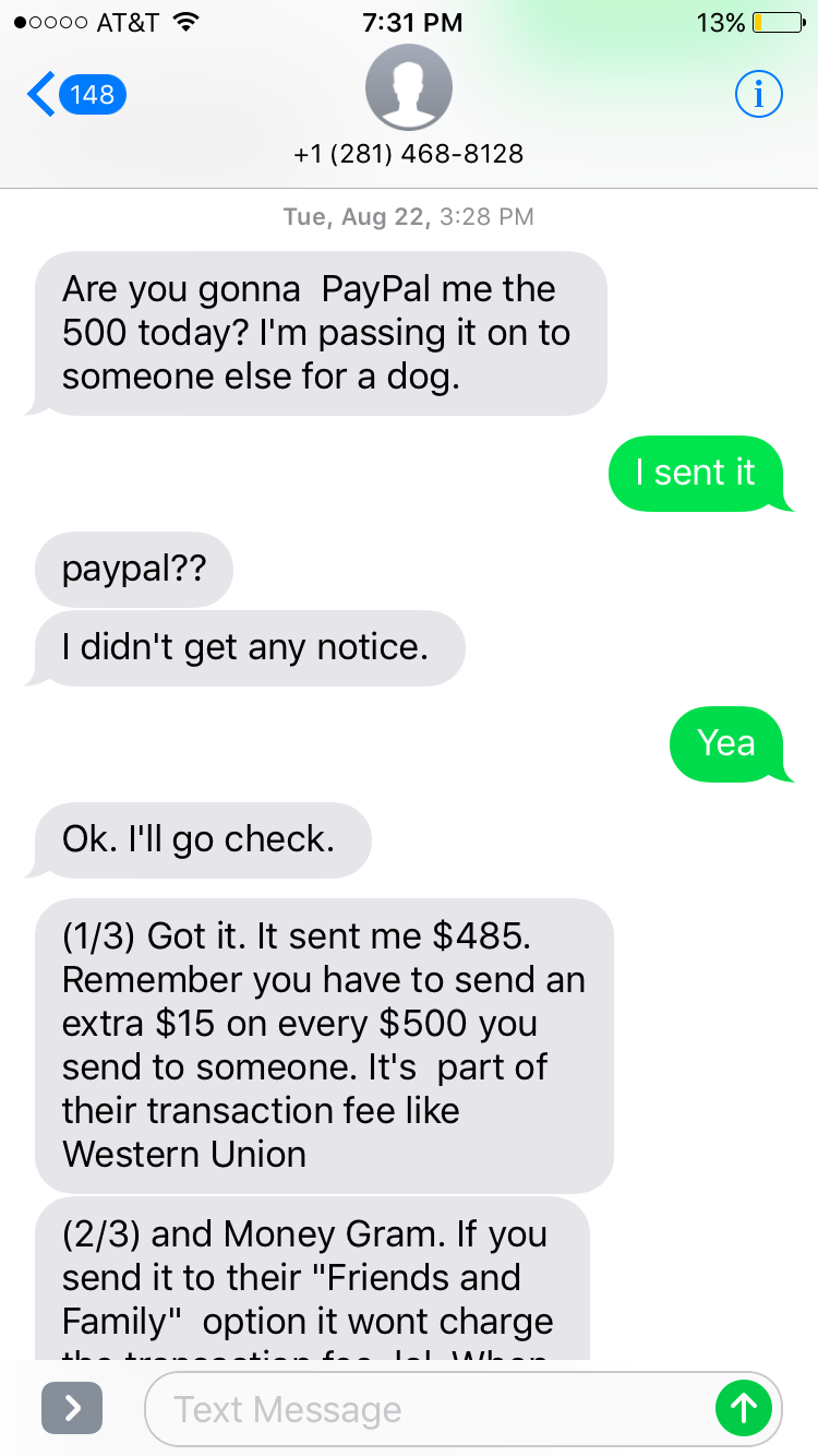 text where she verify i paid the $500 owed