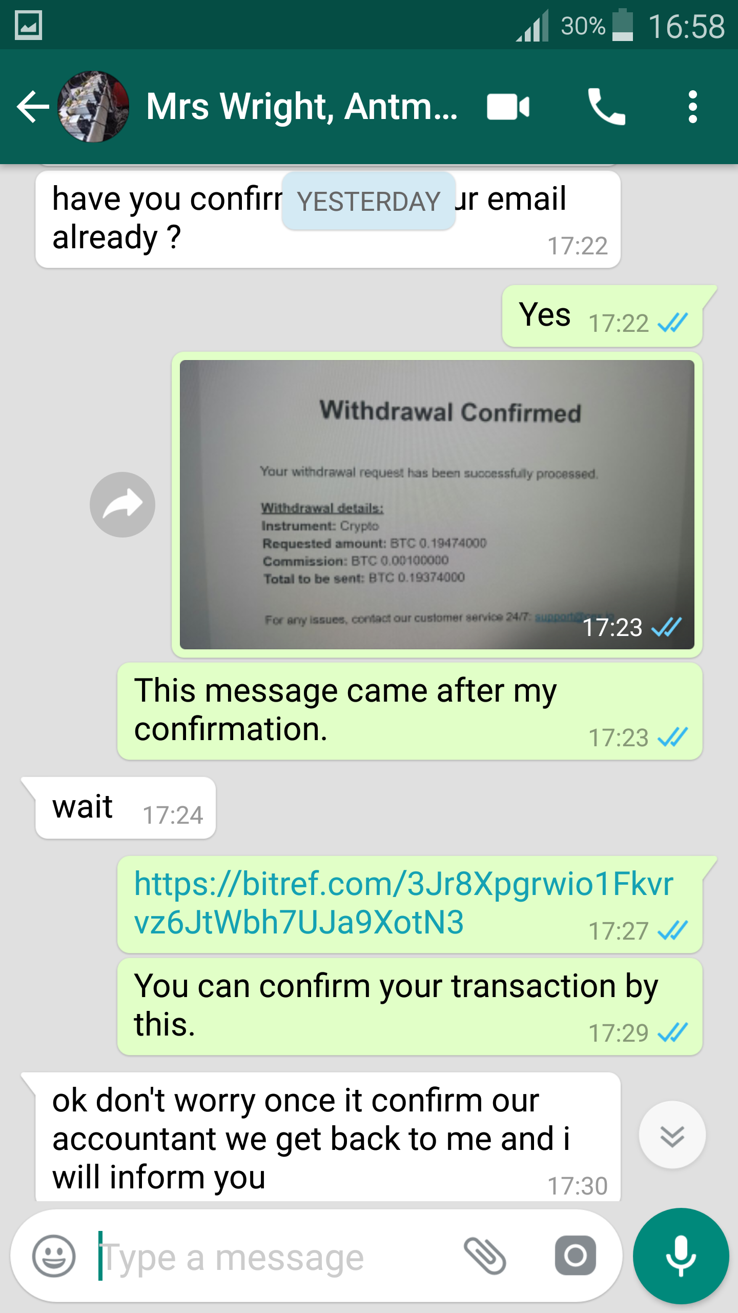 Confirmation of my transaction via online