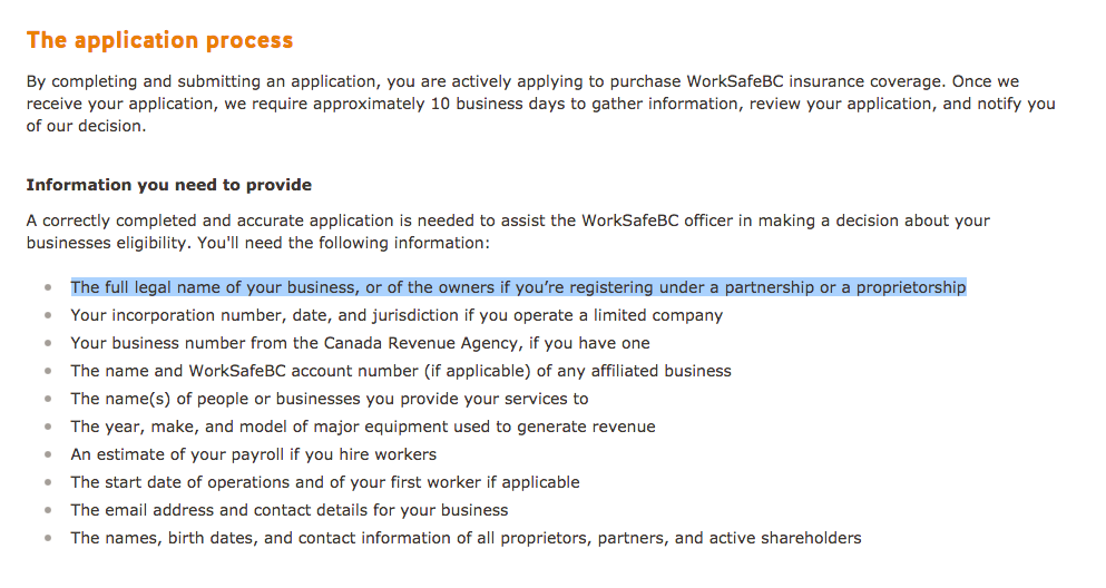 Requirement for legal business name to obtain WCB