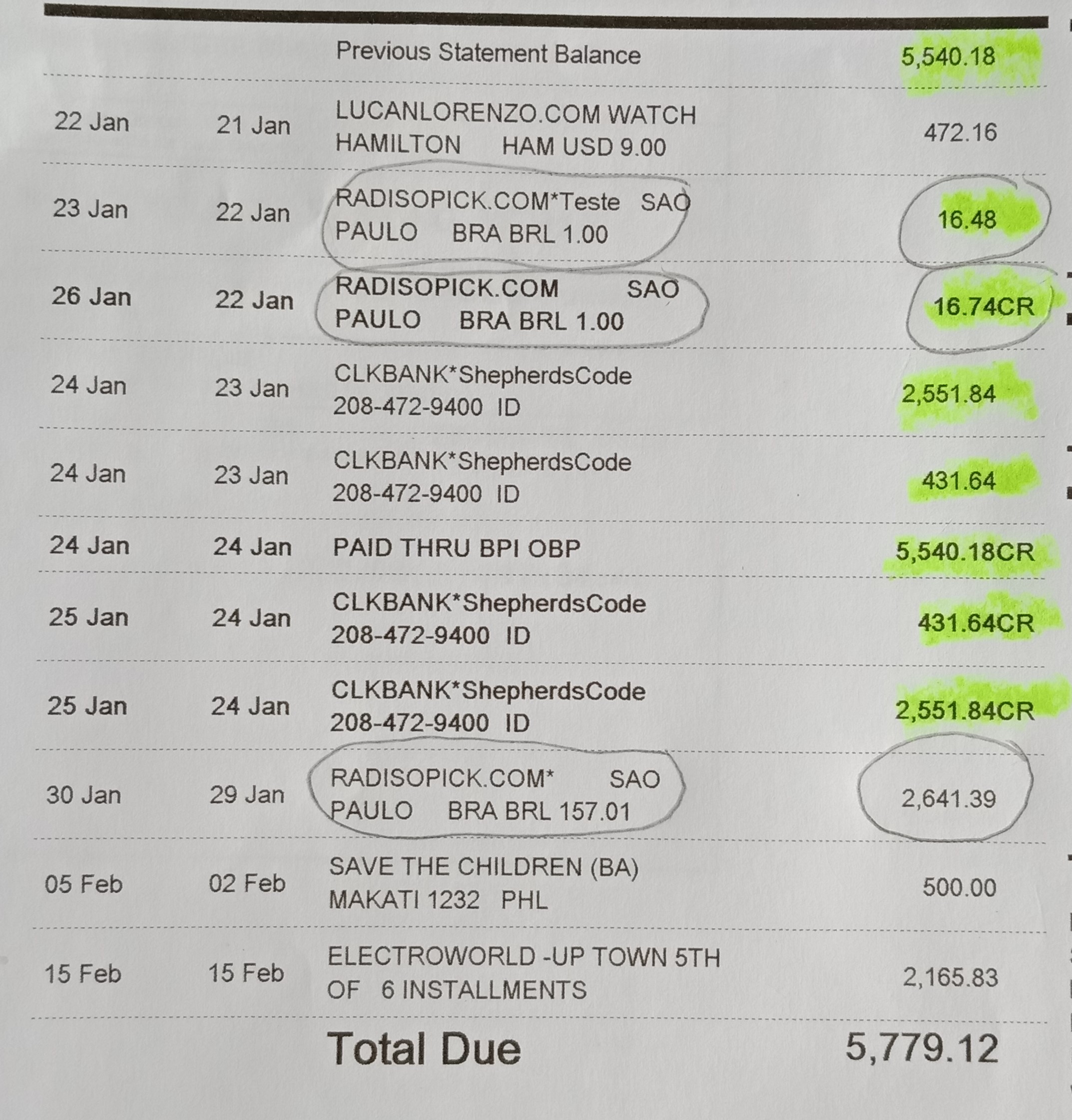 part of credit card statement Jan17-Feb18 2018 