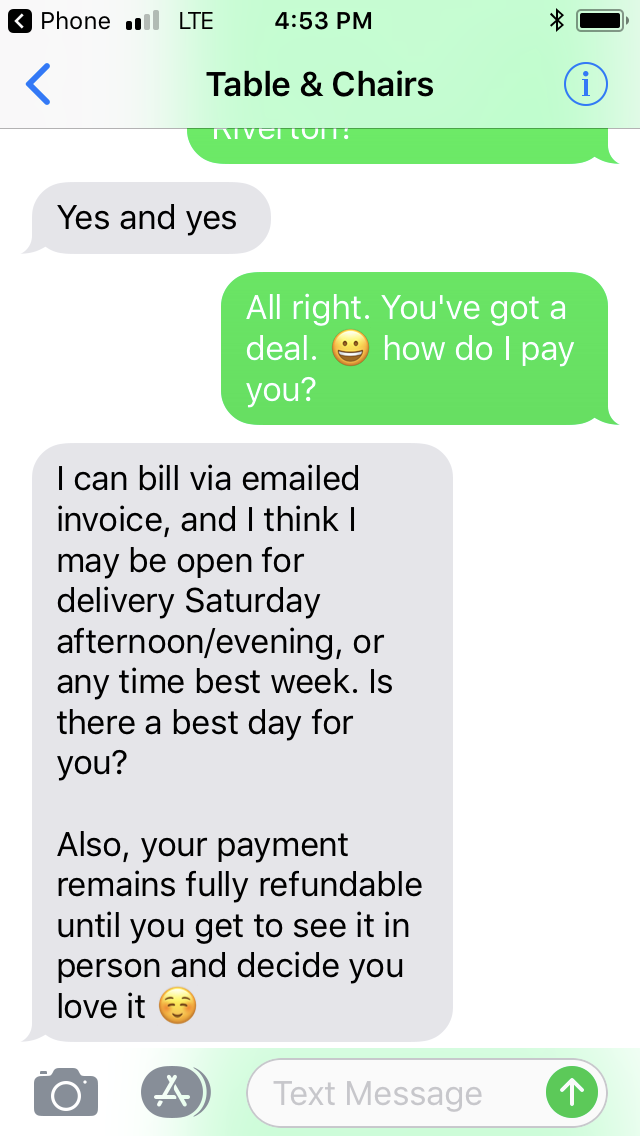Text messages regarding the purchase, 100% refund