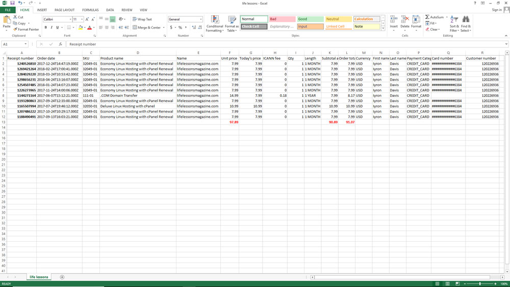 GoDaddy expense sheet