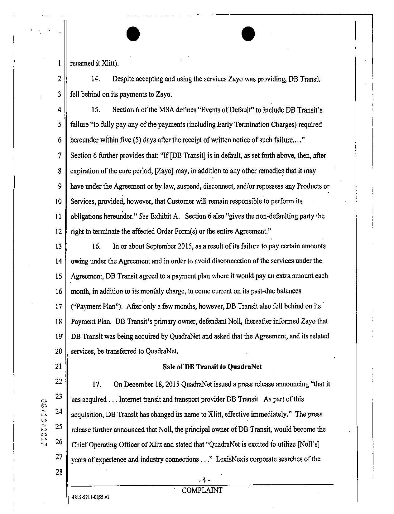 Quadranet Lawsuit with Zayo Group