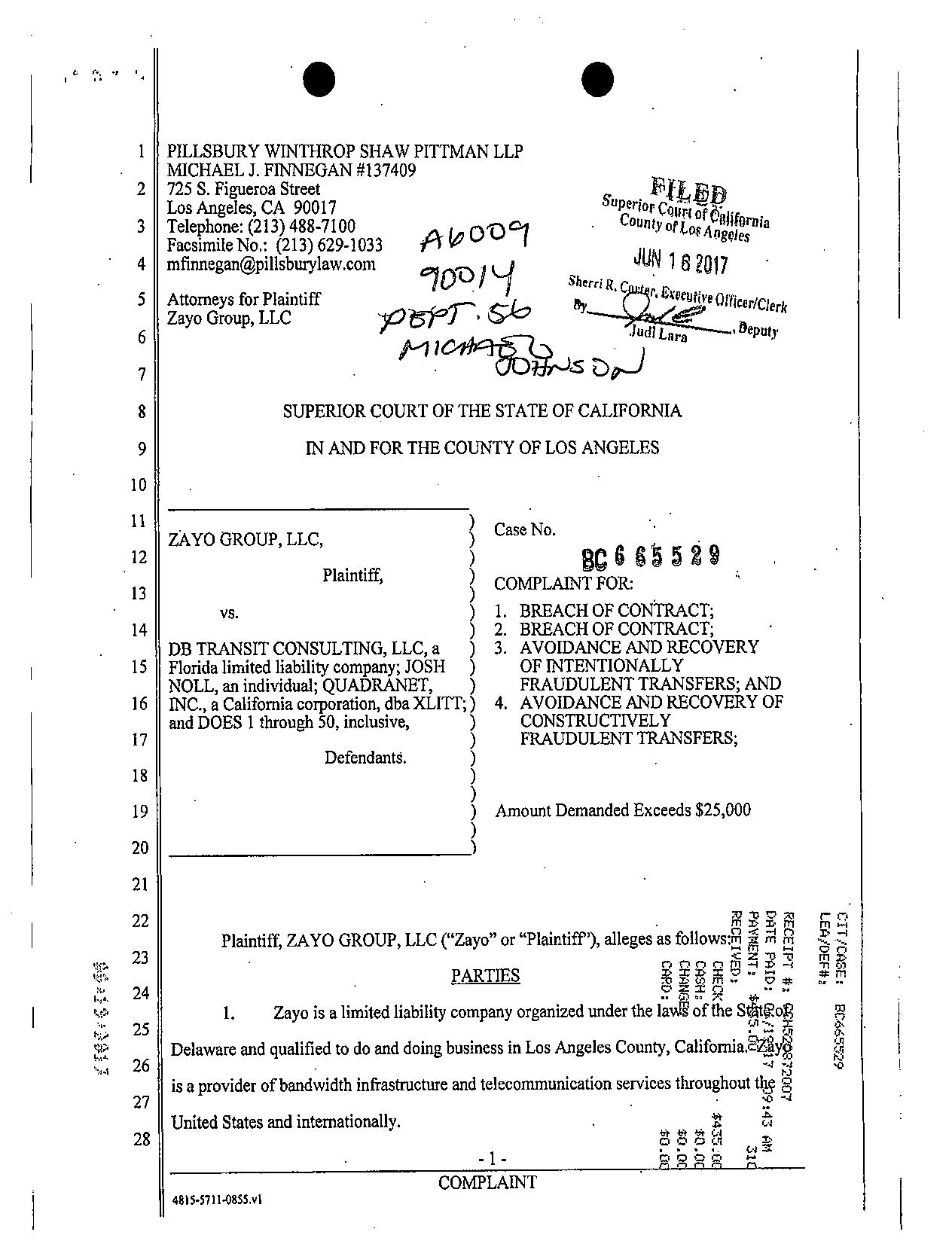 Quadranet Lawsuit with Zayo Group