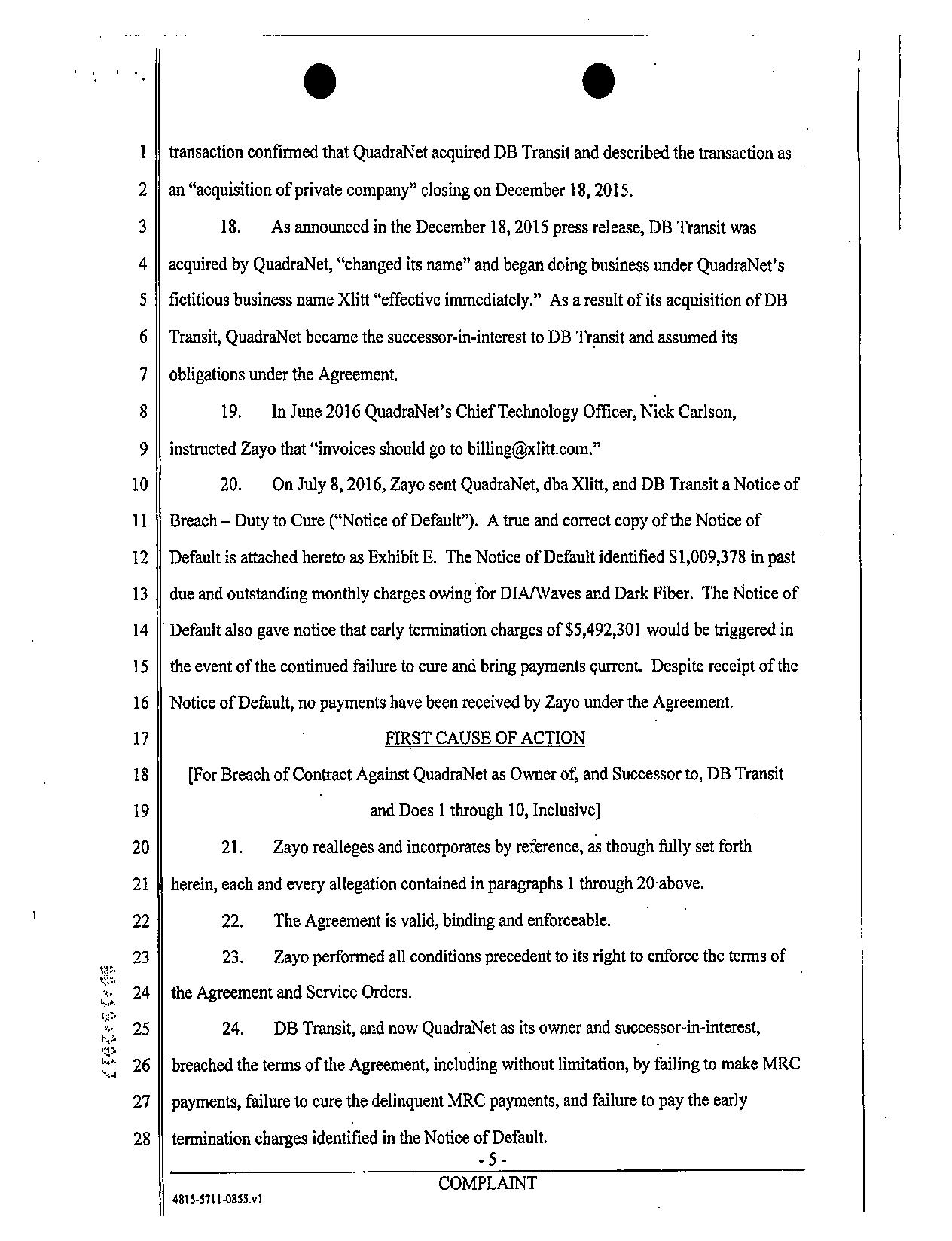 Quadranet Lawsuit with Zayo Group