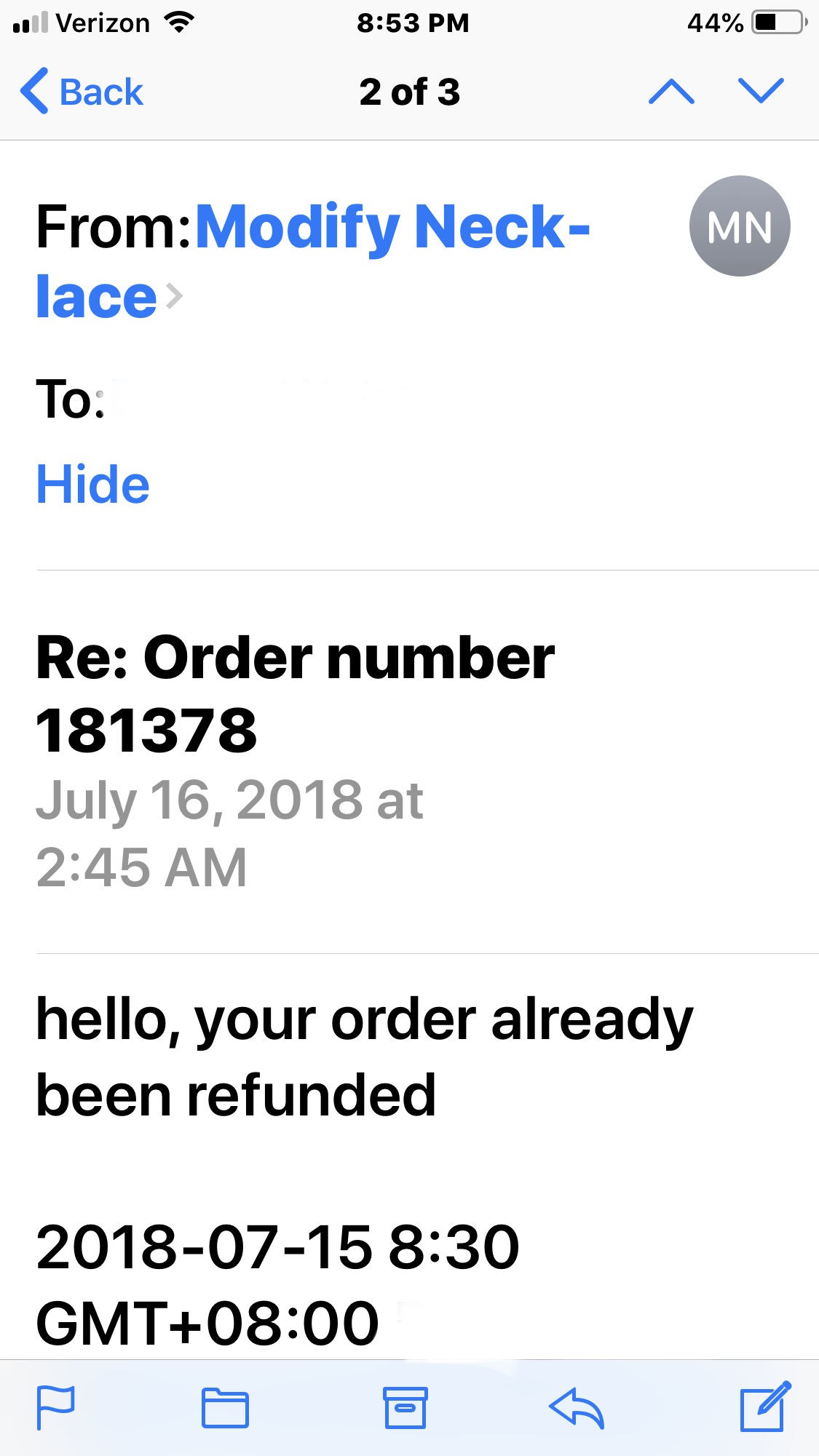 Was told over 30 days ago by seller I was refunded