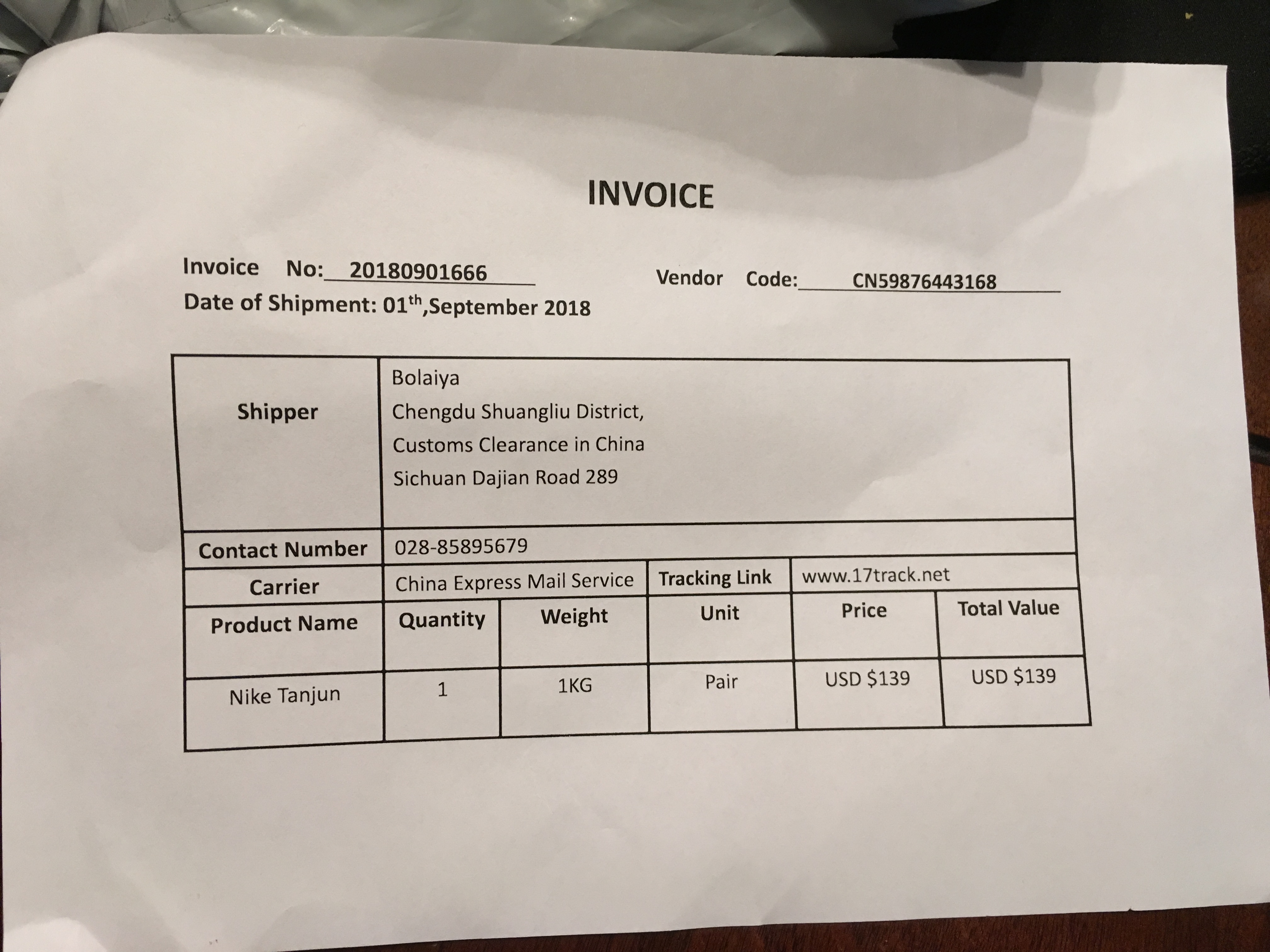 Invoice inside the box