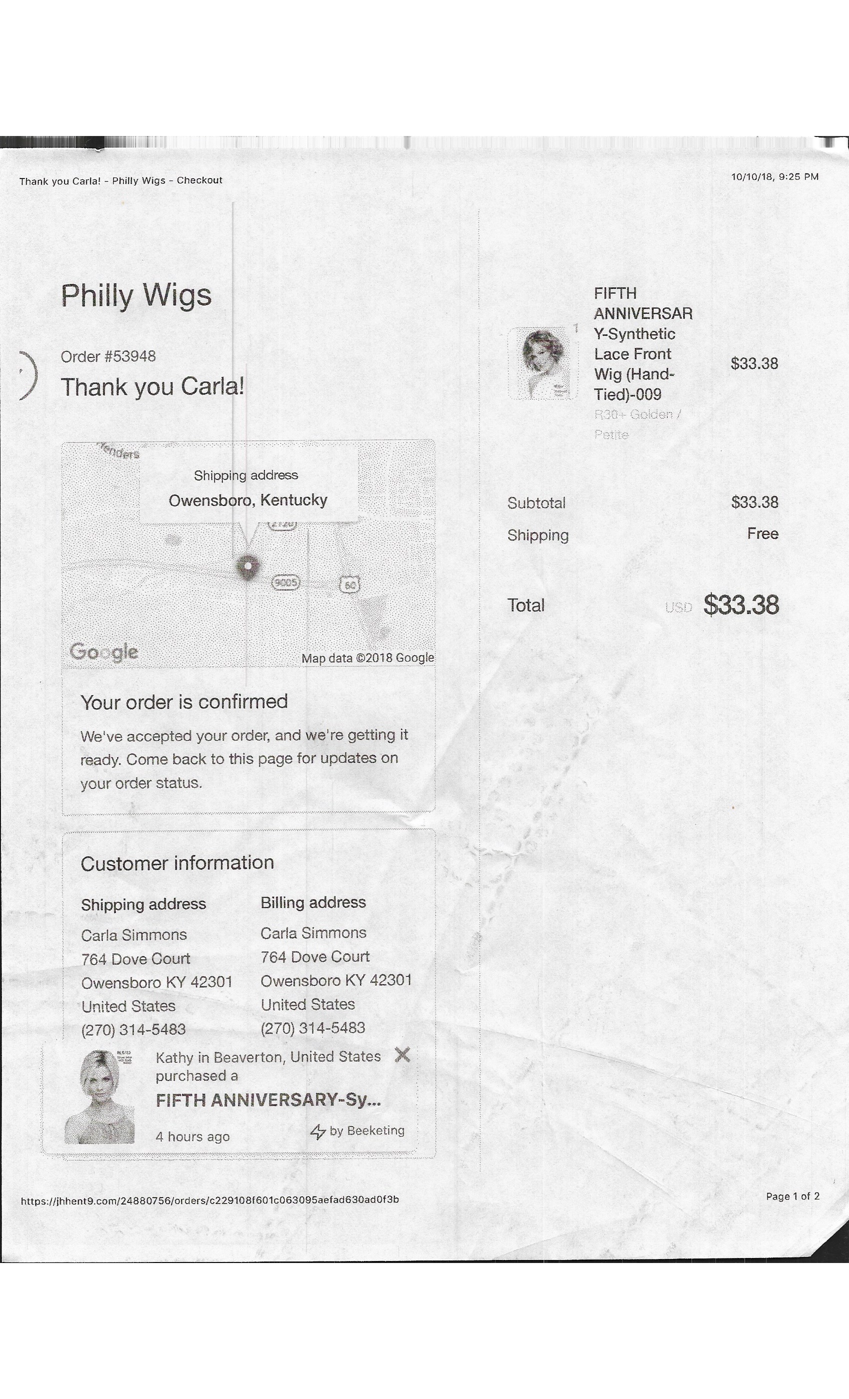 Receipt for Philly Wigs