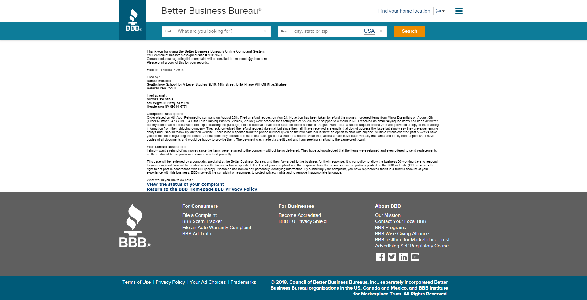 BBB complaint