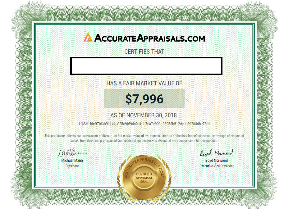 AccurateAppraisals Phony certificate