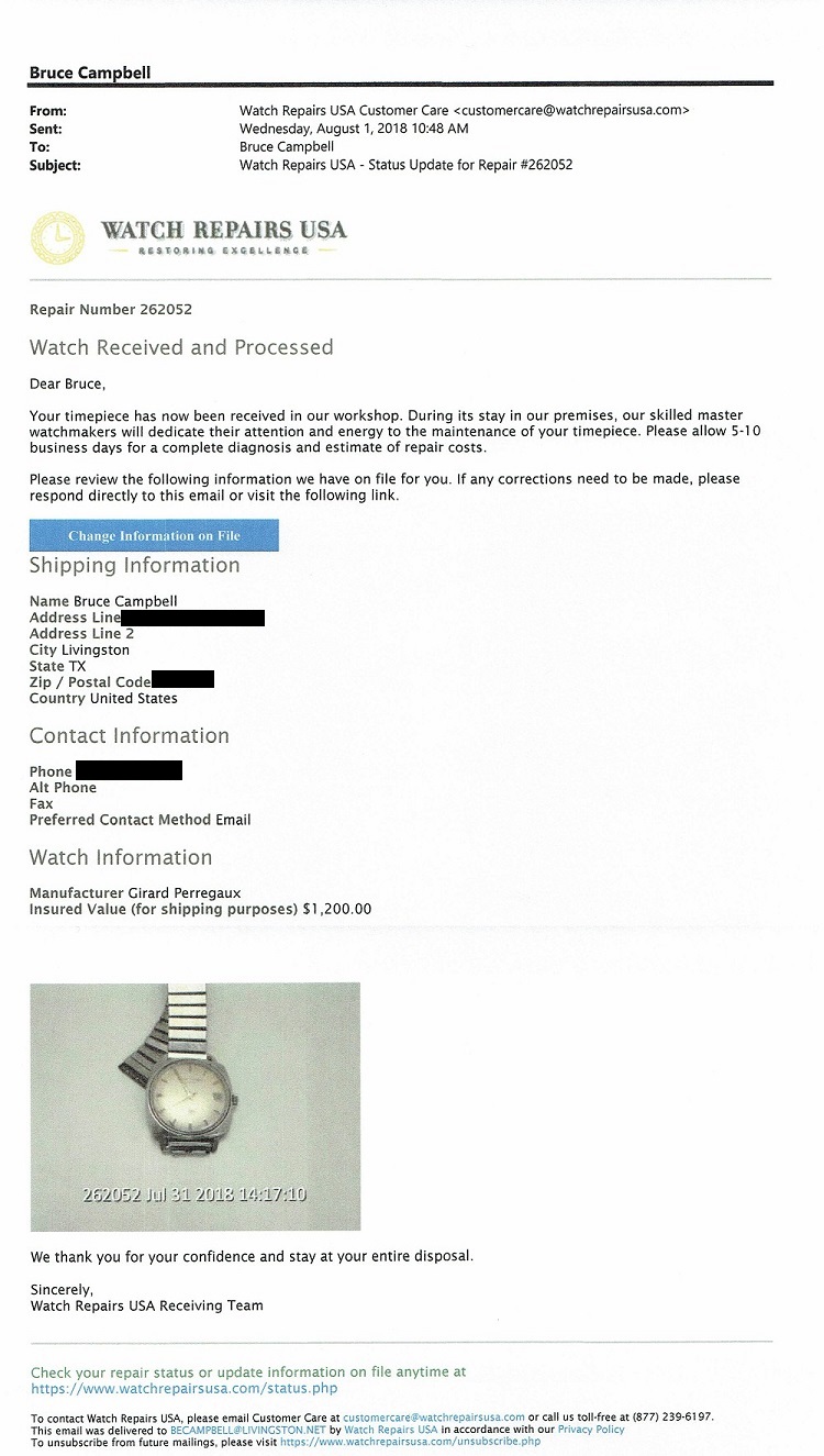 Watch Repairs USA Confirms Receipt of Watch