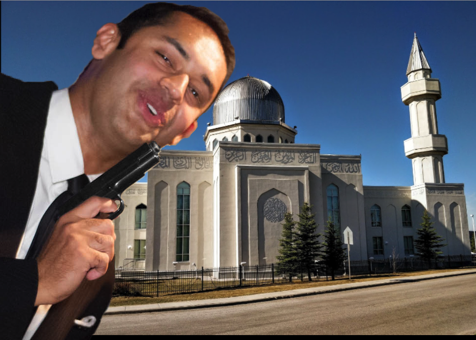 Ali Ghani with his gun in front of his mosque