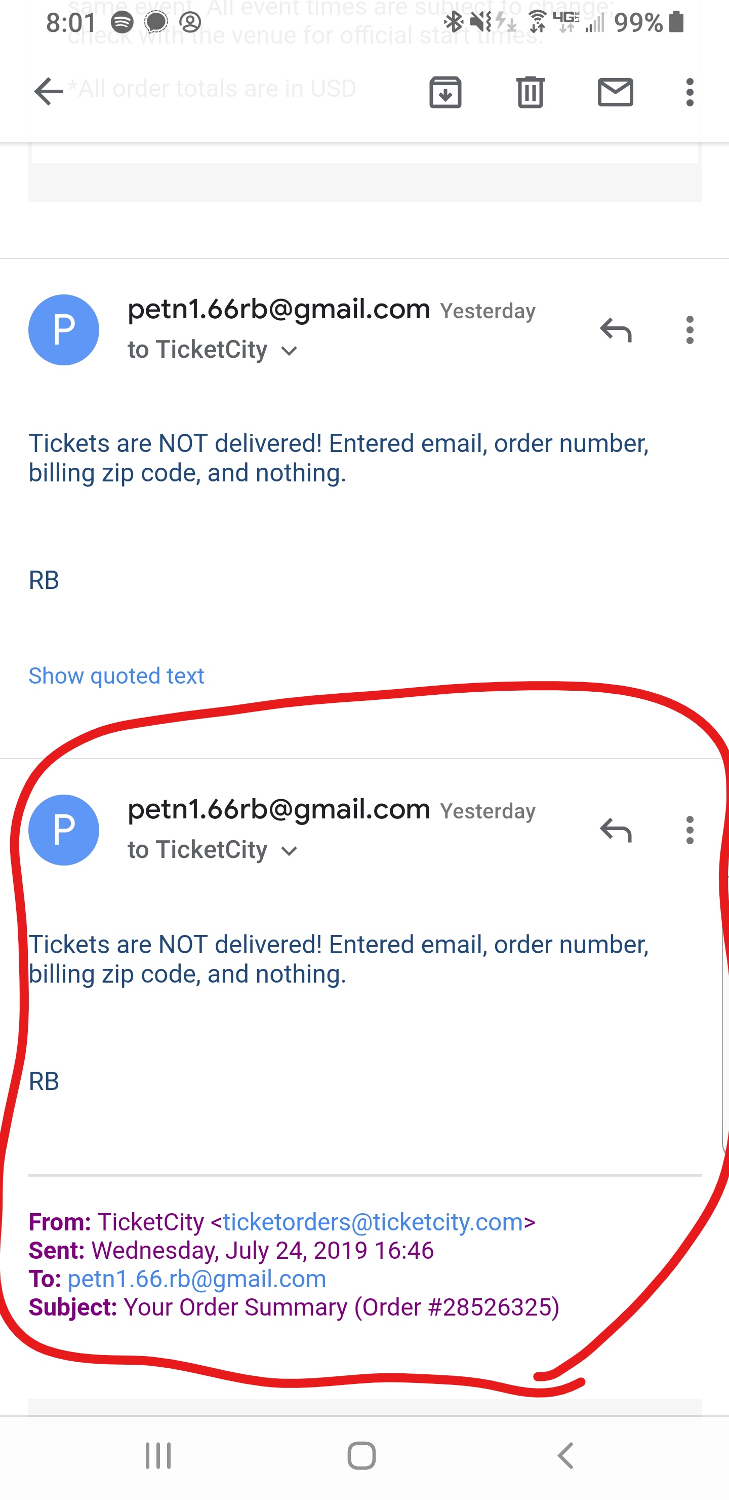 Exchange with TicketCity 2.5hrs prior to game